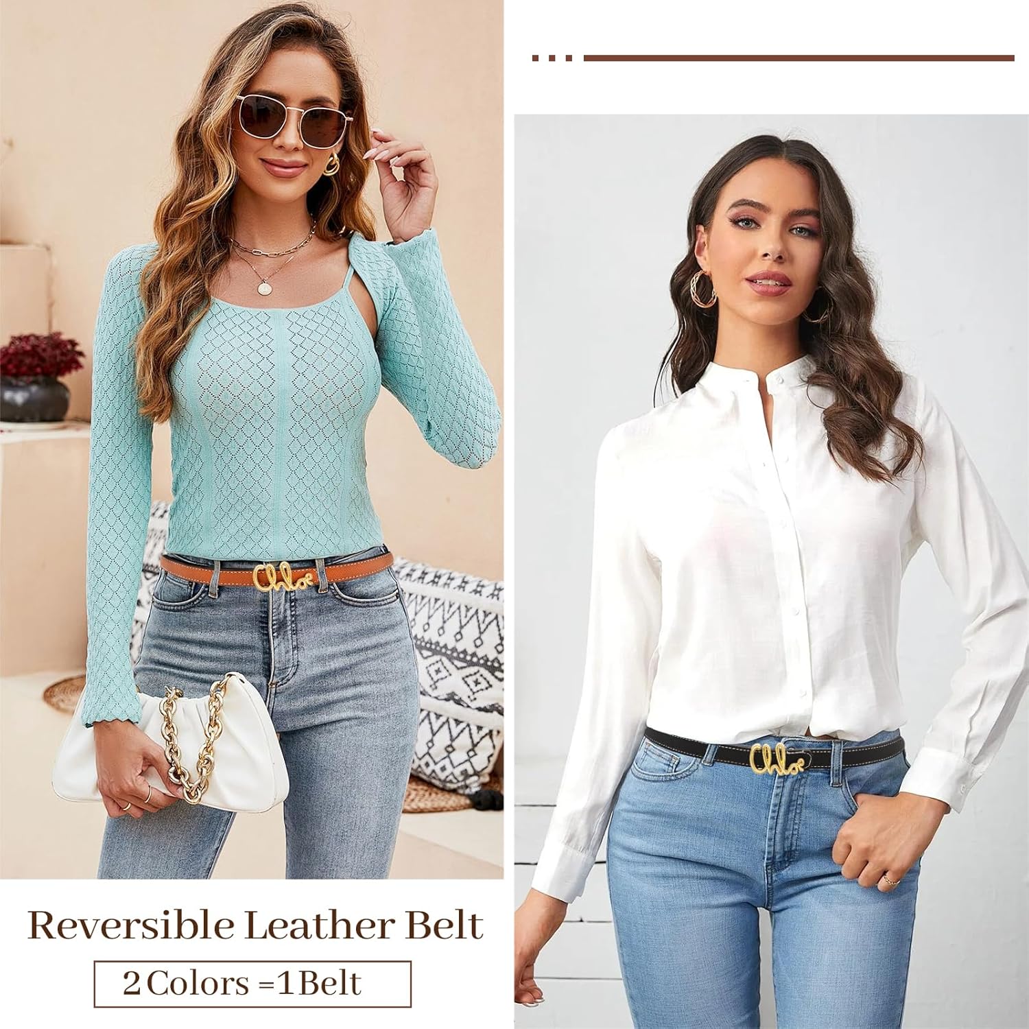 LJCZKA Women Skinny Reversible Belts for Jeans Dress Coats,Adjustable Thin Waist Leather Belt for Ladies with Gold Buckle - Image 8