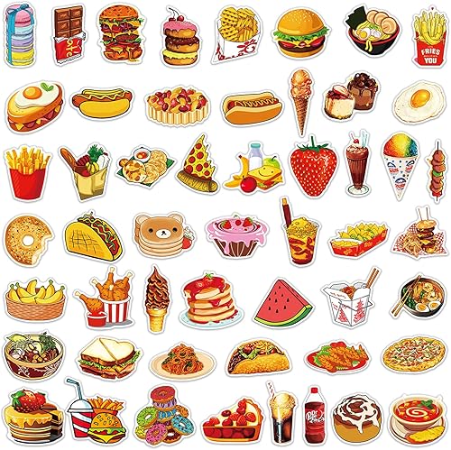 Miniatura 2 de Calcomanías de comida, 50 unidades, lindas calcomanías de comida rápida, chips de hamburguesa, deliciosas calcomanías estéticas impermeables para