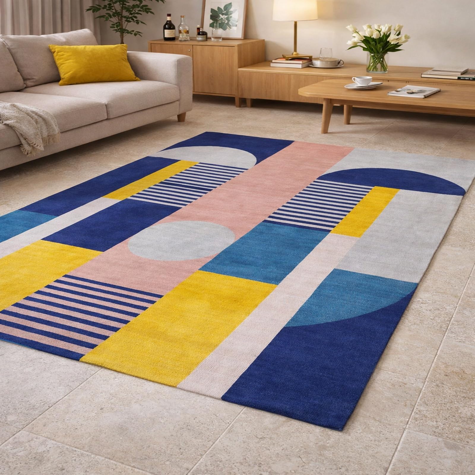 Tapis chambre lavable 120x160 bleu géométrique moderne pour salon et cuisine