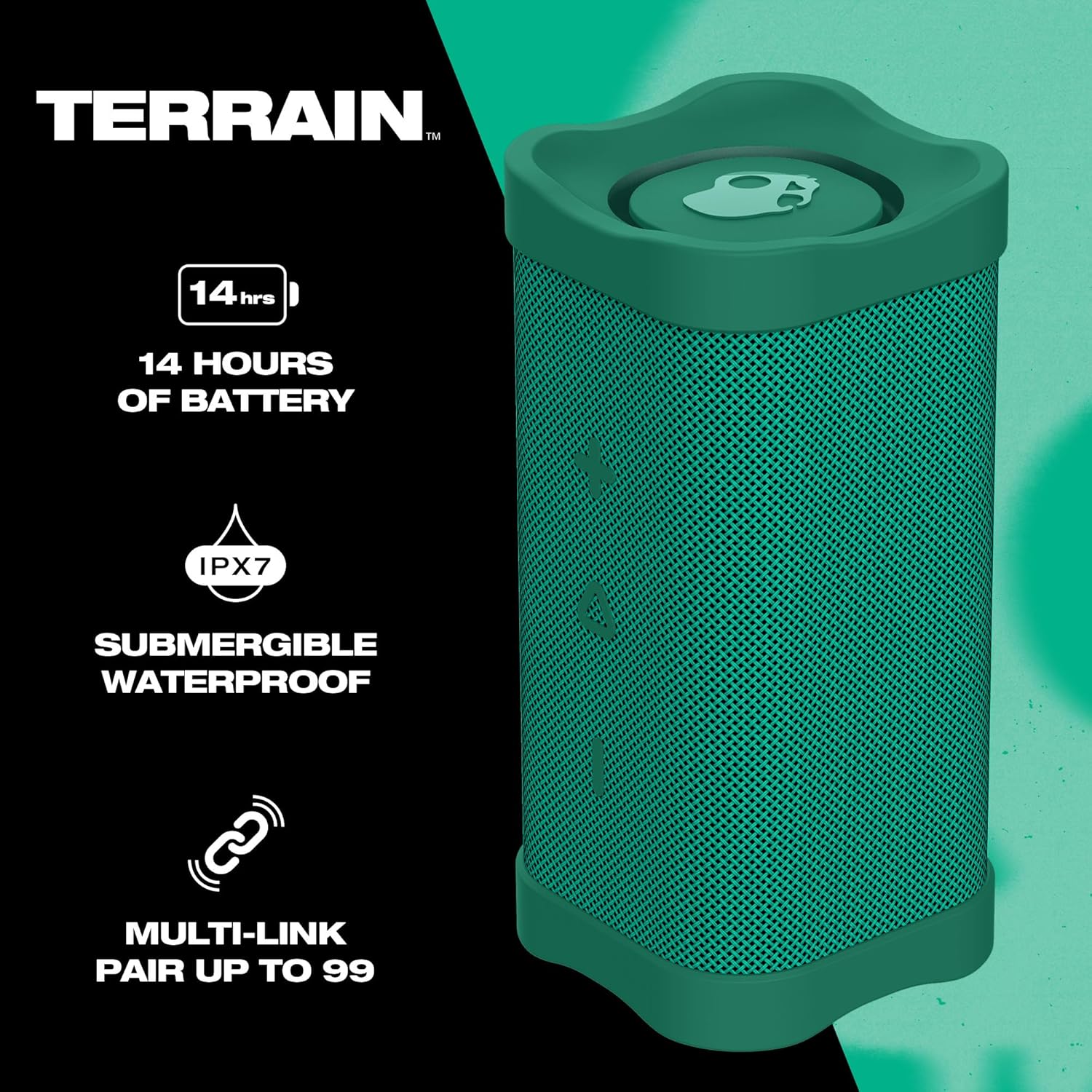 Skullcandy Terrain Wireless Bluetooth Speaker - IPX7 Waterproof Portable Speaker with Dual Custom Passive Radiators, 14 Hour Battery, Nylon Wrist Wrap, & True Wireless Stereo - Image 2