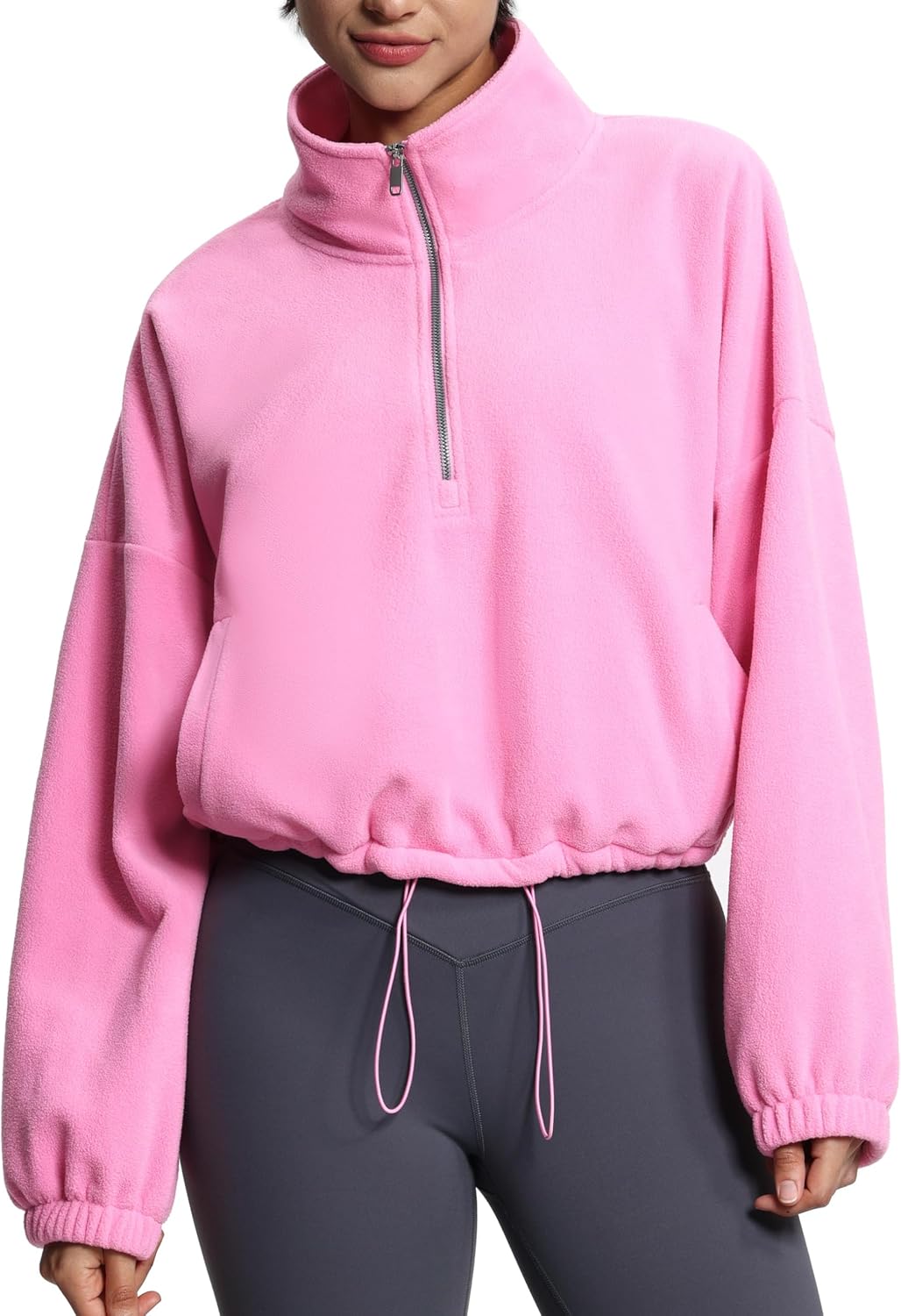 THE GYM PEOPLE Women’s Half Zip Crop Pullover Sweatshirt Fleece Loose Fit Workout Tops with Pockets Drawstring Hem - Image 6