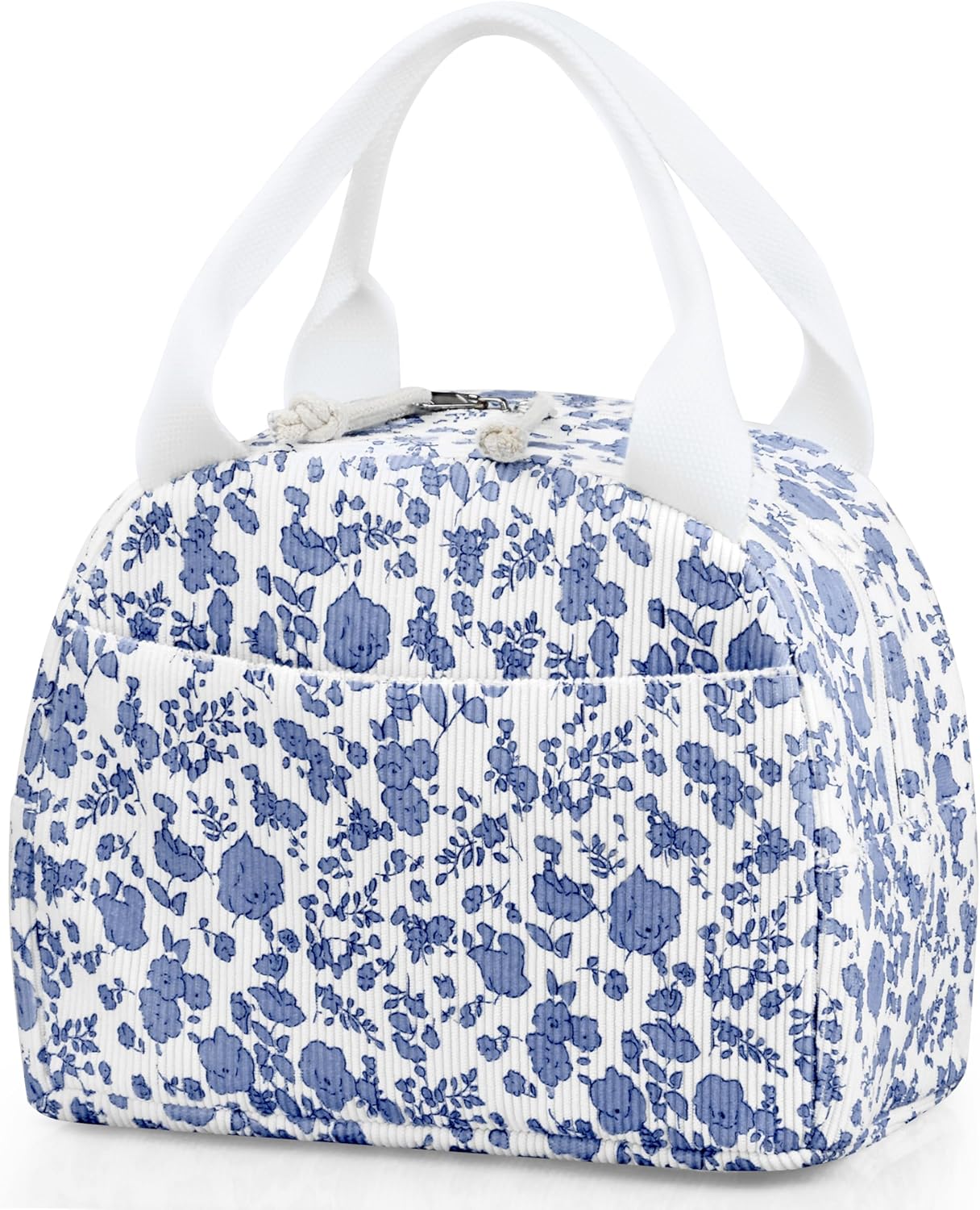 Lunch Bag - Insulated Lunch Box for Women, Reusable Large Capacity Cooler Bag for Adult, Small Leakproof Cute Corduroy Lunch Tote for Work Office Travel Picnic (Corduroy Navy Blue-Flower)