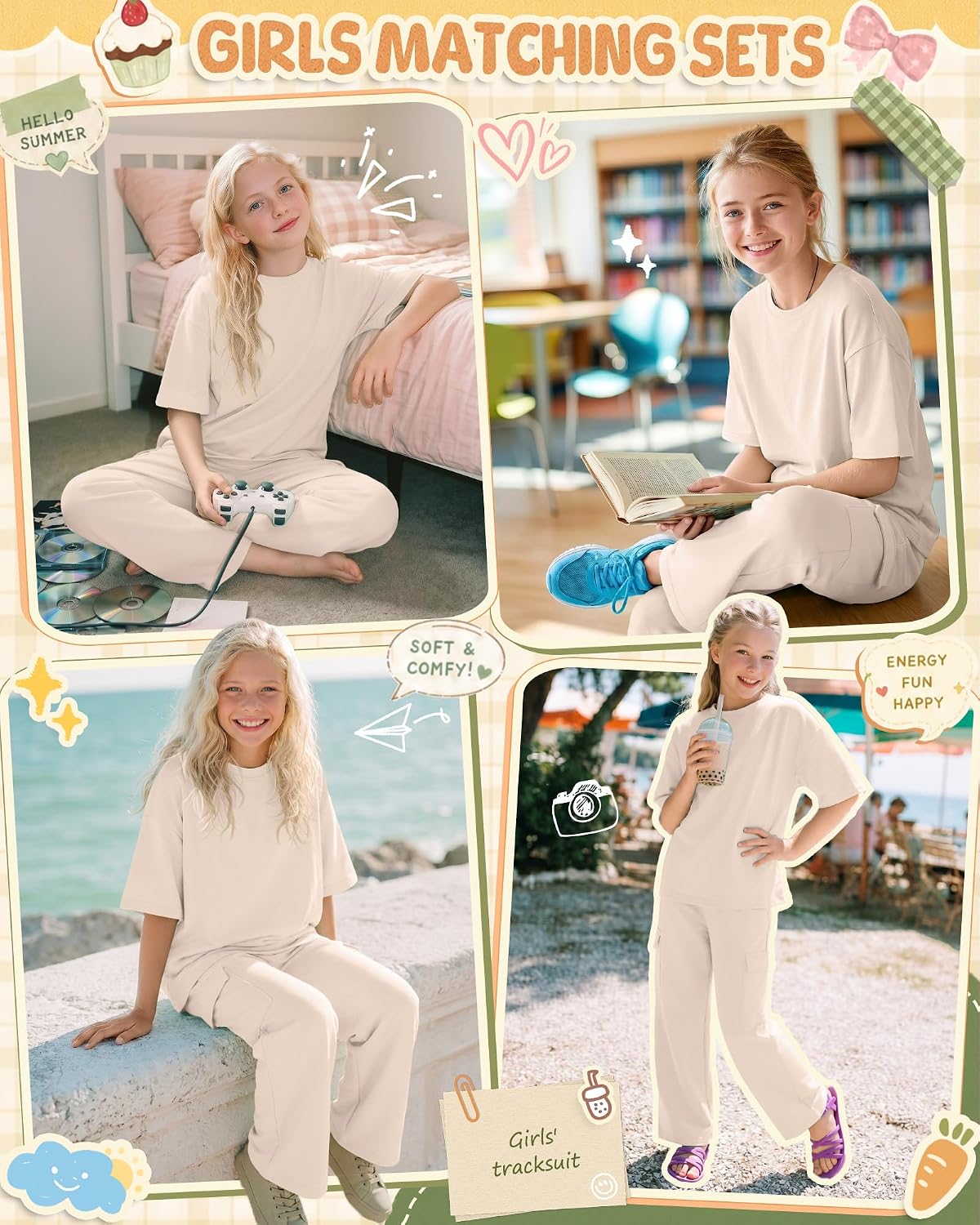 2 Piece Girls' Matching Outfits Oversize Sets Kid Short Sleeve Crew Neck Top Wide Leg Cargo Pant Set Casual Clothes