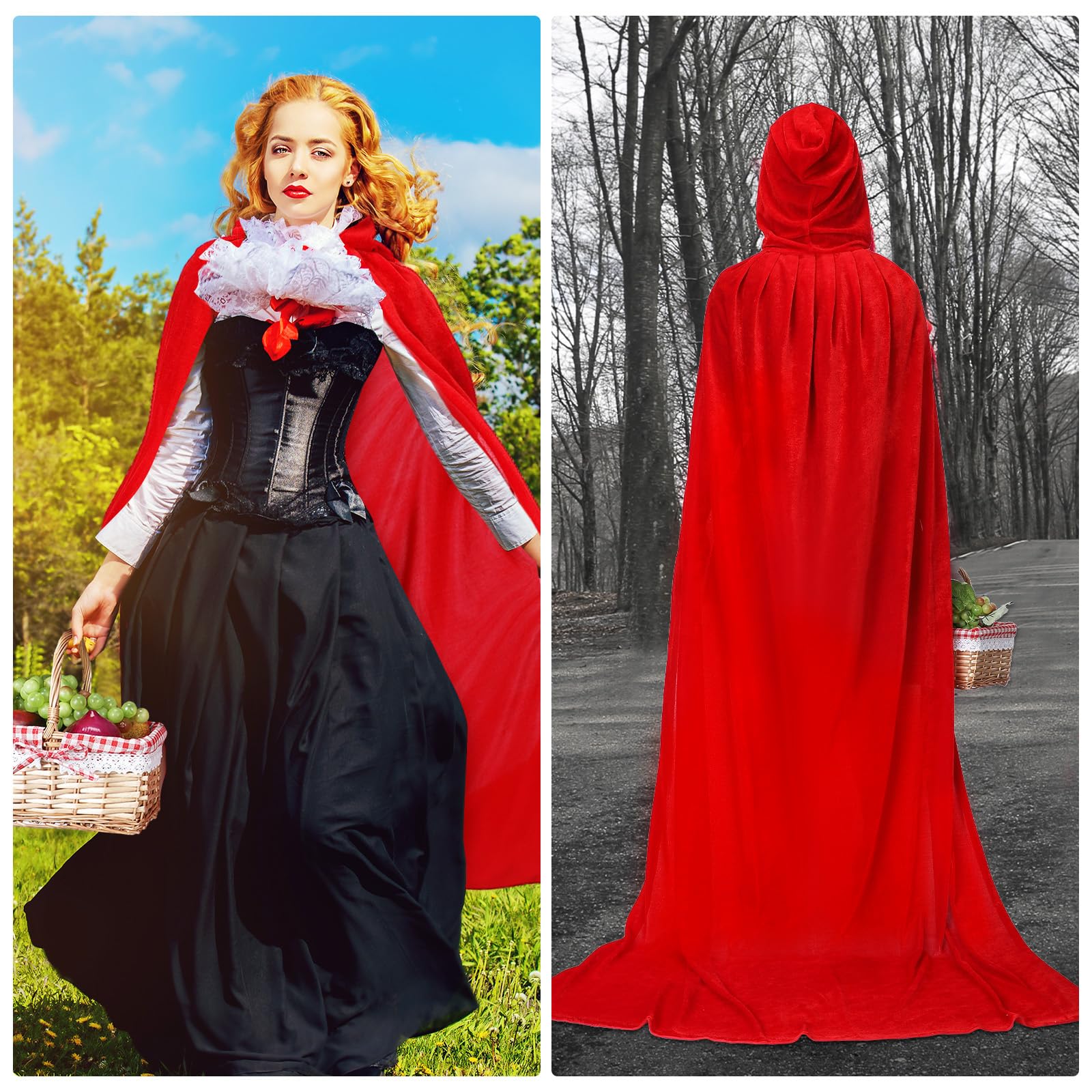 Eaasty 2 Pcs Red Hood Cape Costume with Basket for Women Girls Halloween Dress Red Long Hooded Cloak Velvet Cape Picnic Wicker Basket with Handle for Halloween Christmas Costumes Party