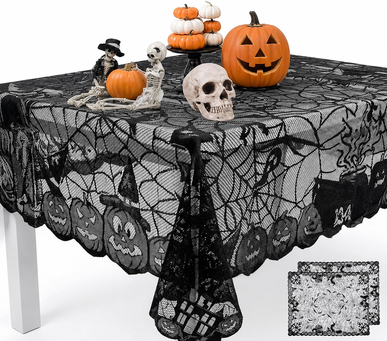 2Pack Halloween Table Cloth, Black Lace Design with Pumpkin Bat Patterns