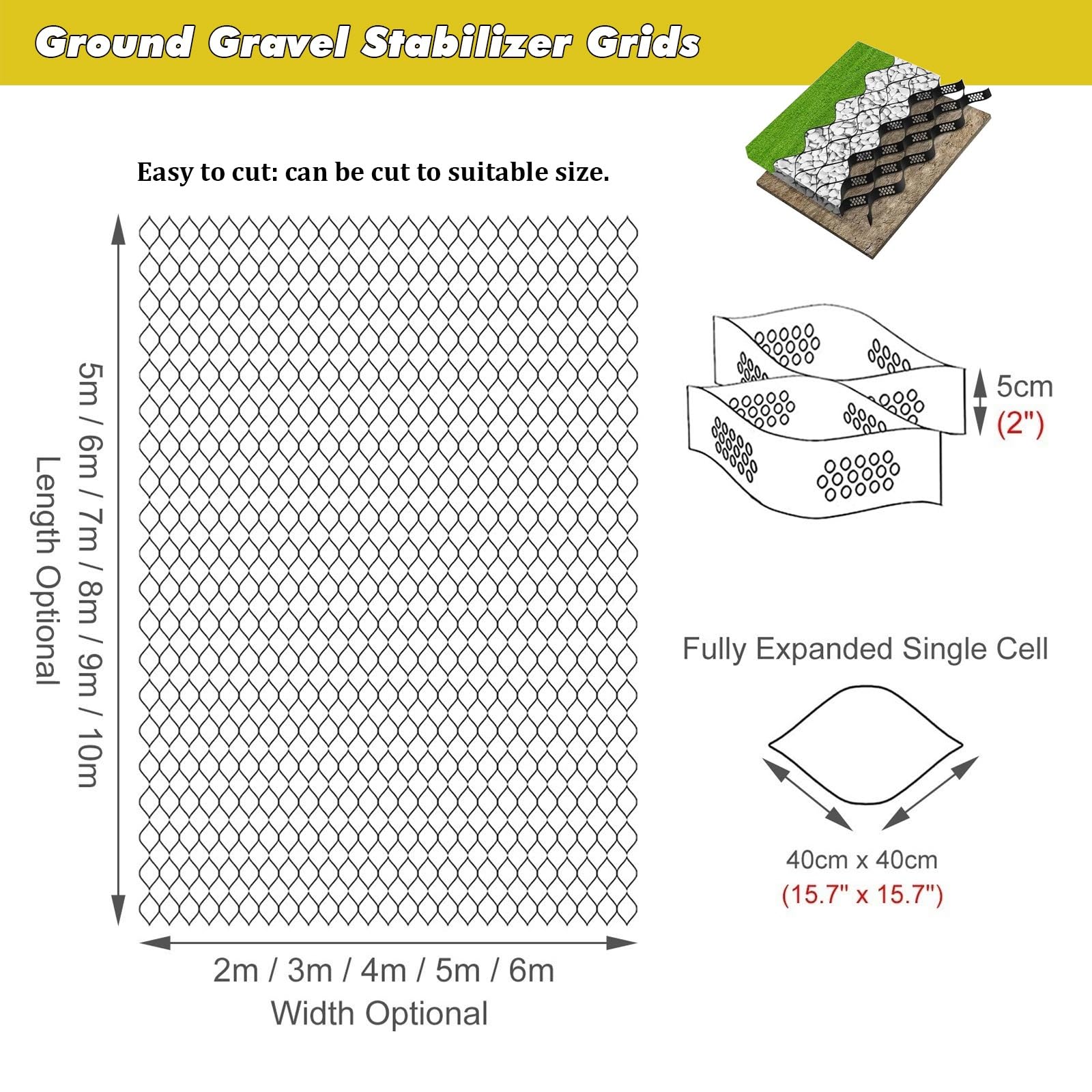 Geo Grid Stabilizer Set siatek stabilizujących żwir o długości 1 m - 10 m, wytrzymała plastikowa siatka gruntowa 3D, przepuszczalne na zewnątrz siatki geograficzne(1m x 8m (3.3X26ft))