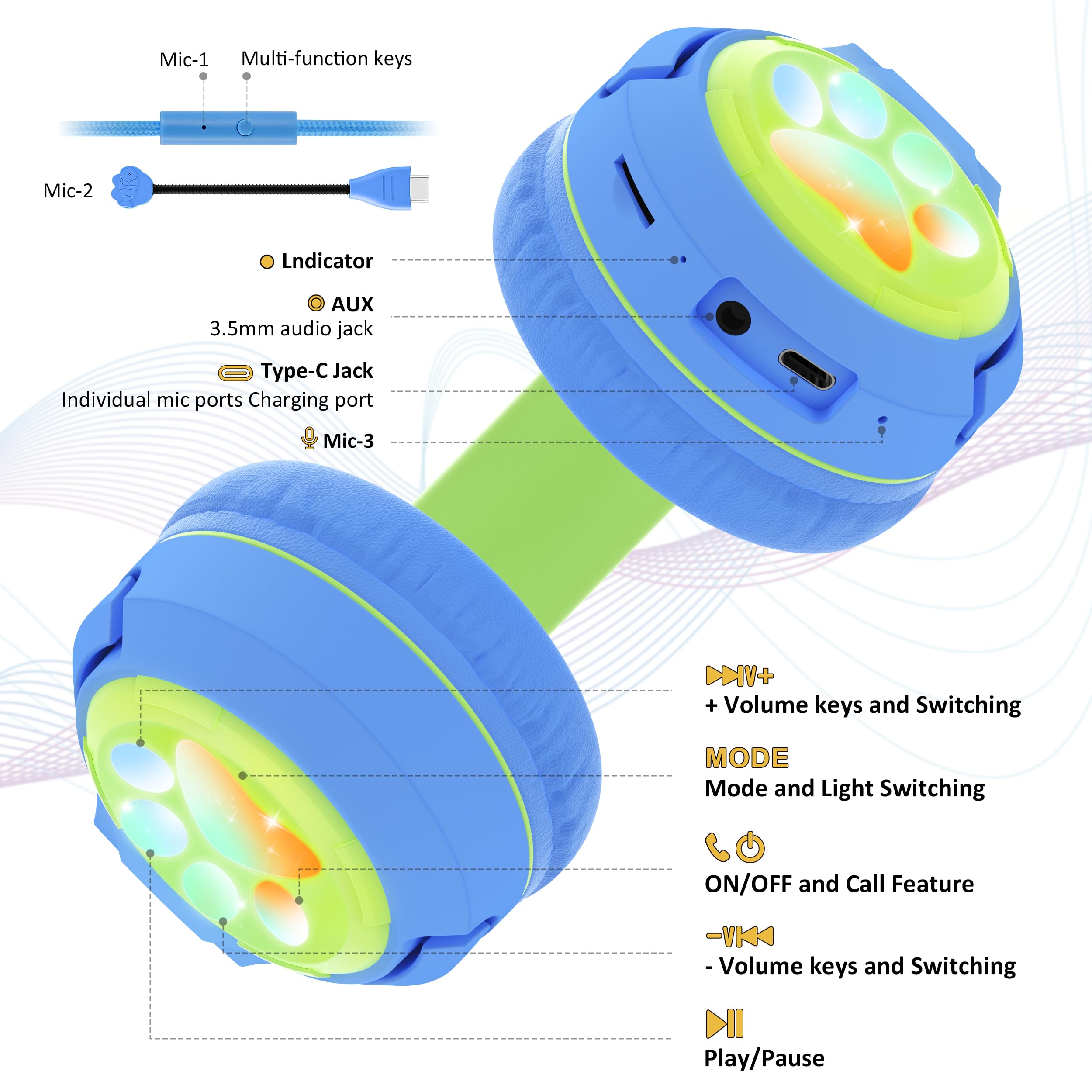 Riwbox CF9 - Cuffie Bluetooth per bambini, con orecchie di gatto, con luce LED, microfono ad asta e microfono integrato per chiamate, volume limitato di 85 dB, cuffie wireless e cablate, per la scuola
