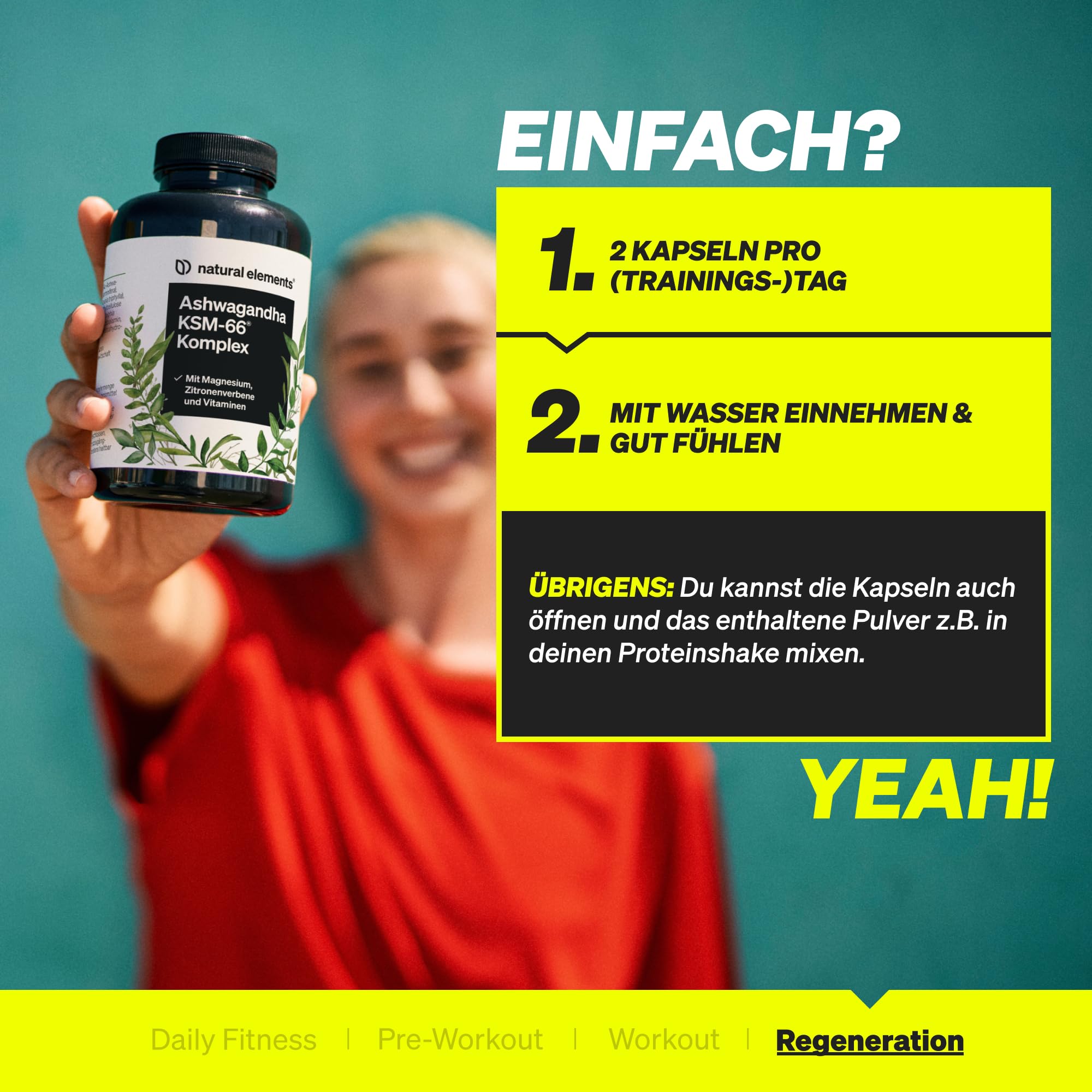 natural elements Ashwagandha Komplex – 600mg pro Tagesdosis – 120 Kapseln – mit KSM-66, Zitronenverbene, Magnesium, Folsäure und Vitamin C, B6 und B12 – hochdosiert & vegan – laborgeprüft