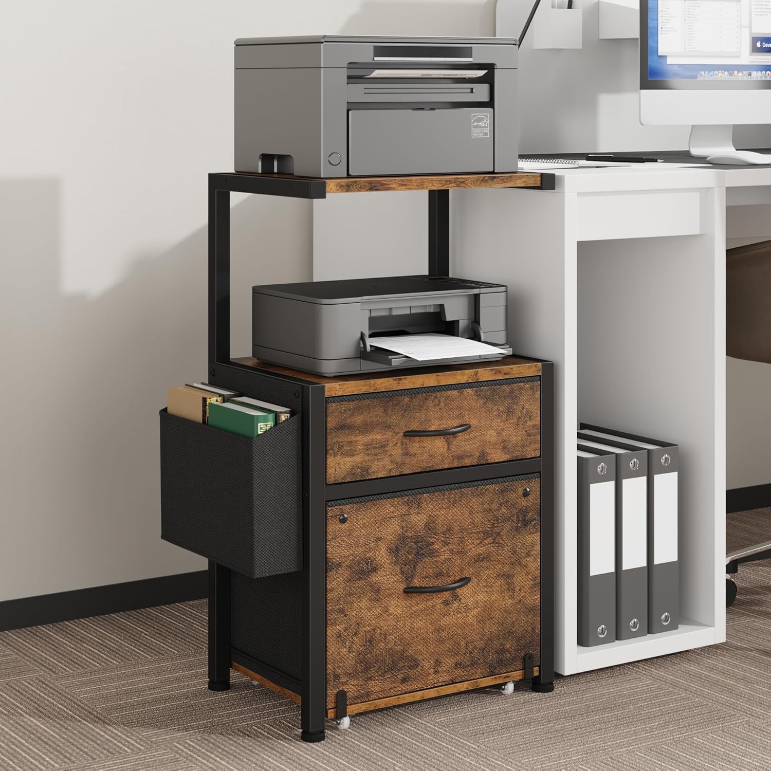 Filing Cabinet with 2-Tier Printer Shelves, 2 Fabric Drawers File Cabinet with Side Bag&File Drawer for A4/Letter Size, Printer Stand with Storage for Home Office, Rustic Brown, 16.5″ W