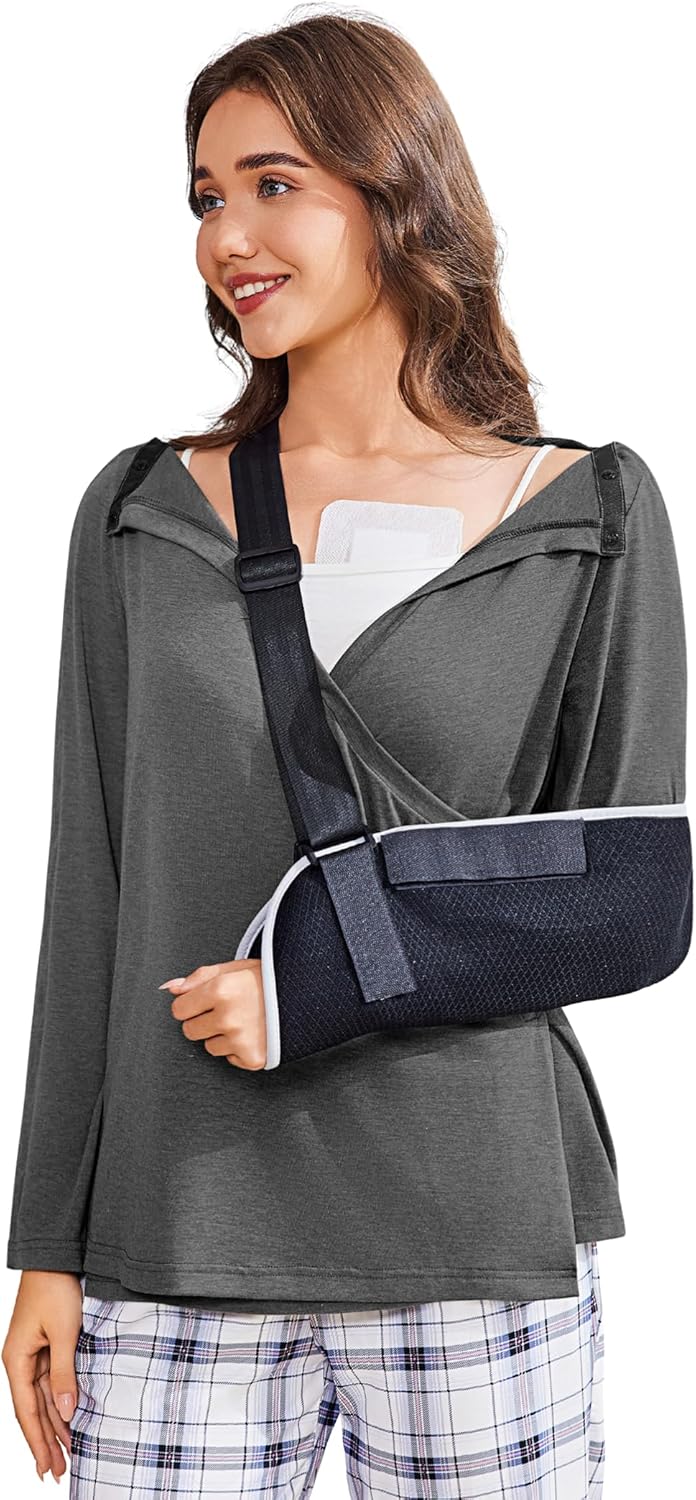 Deyeek Women's Post Shoulder Surgery Shirts Long Sleeve V-Neck Wrap Chemo Blouse Easy Access Adaptive Snap On Dialysis Shirts - Image 3