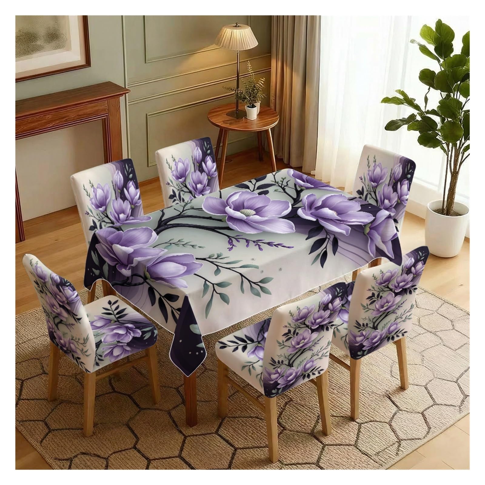 BOSUYBN Purple Magnolia Floral Dining Tablecloth & Chair Covers Set, 5/7 Piece Elegant Modern Romantic Cottage Dining Decor Table Setting(7pcs Set: Tablecloth+Chair Covers)