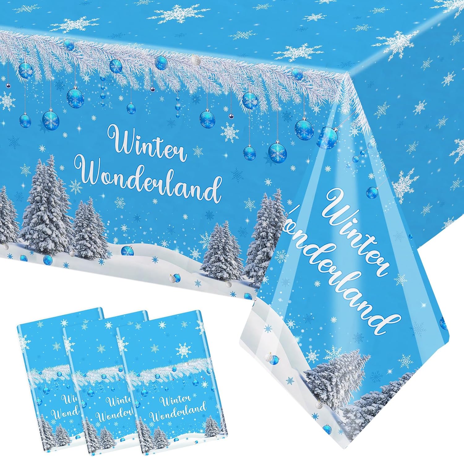 MEHOFOND 3 Pack Winter Wonderland Tablecloth, Disposable Plastic Winter Snowflake Christmas Tree Table Cloth 54x108 inch, Blue Table Cover for Birthday Baby Shower Party Supplies Decor