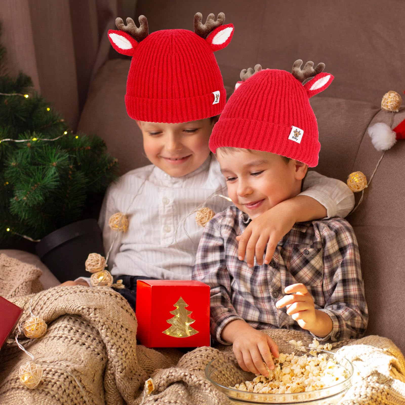 COMNICO Winter Hat for Kids, Antlers Reindeer Crochet Knitted Baby Beanie Hat Christmas Hat Thick Winter Warmer Cap Girls Accessories for Baby Boys Toddler Girl