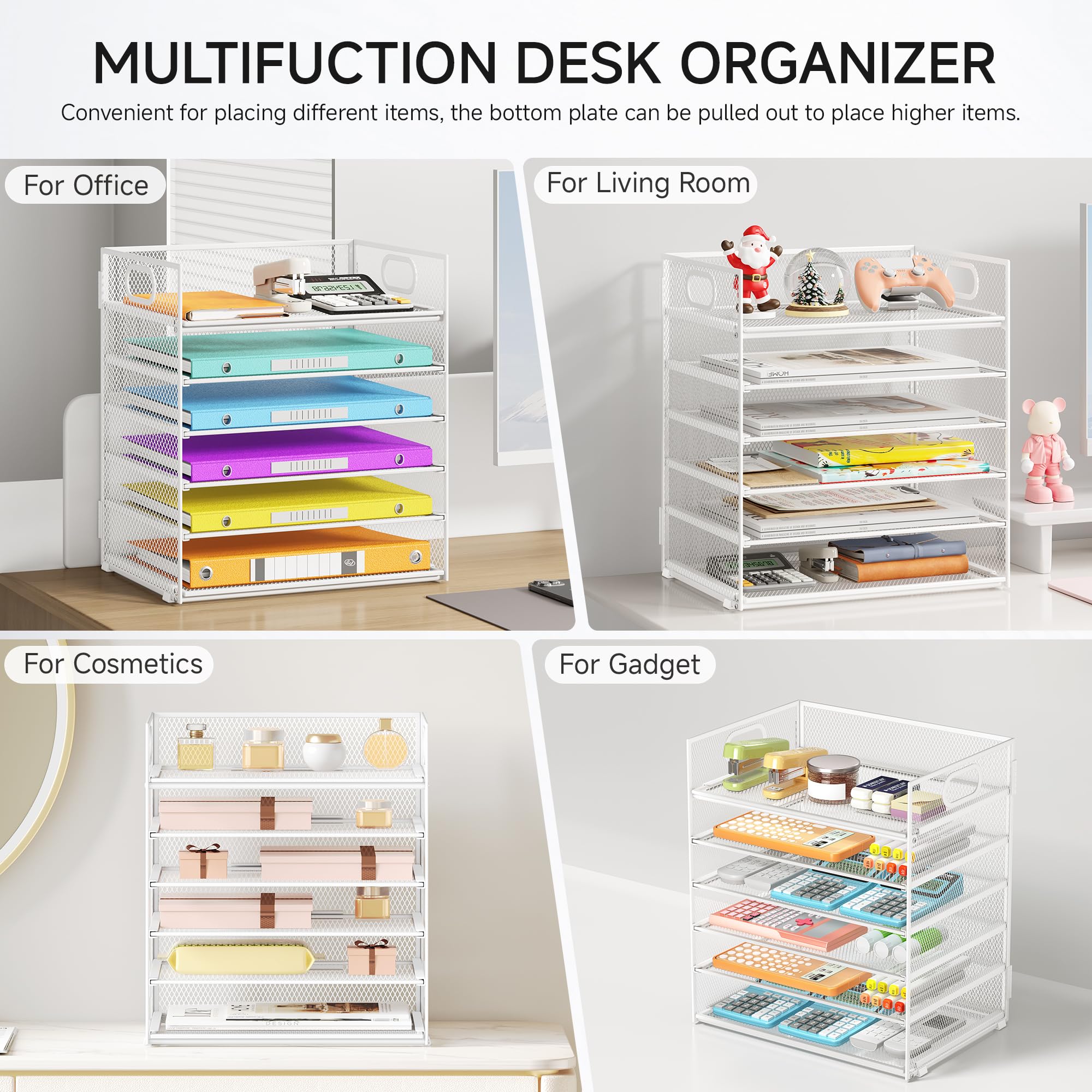 VITVITI Organizador de Escritorio con Archivador, Bandeja de Papel de 6 Niveles con Asa, Malla de RellenoOrganizador para Material de Oficina en Casa, Accesorios de Oficina Ordenados - Blanc