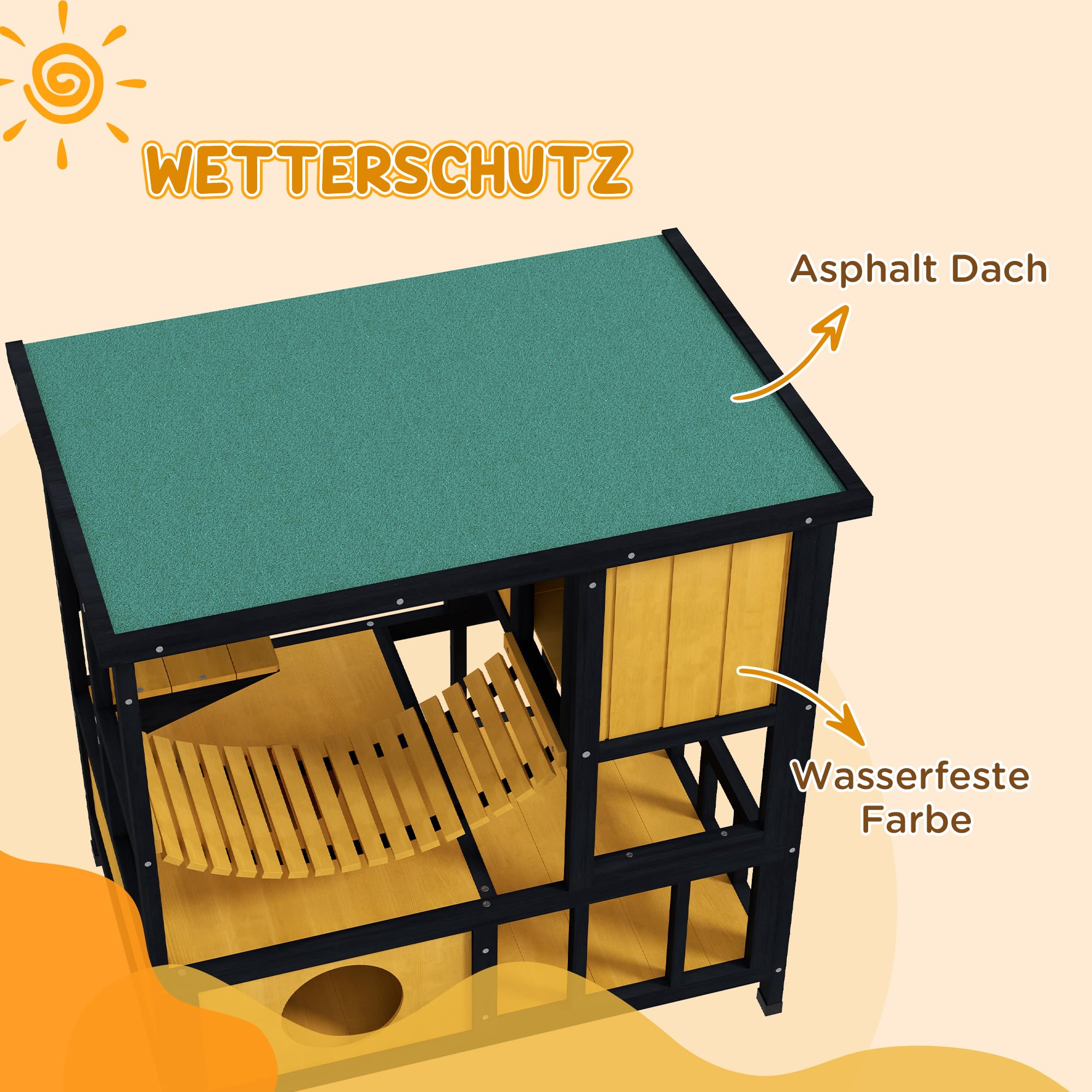 PawHut Katzenhaus aus Holz Wetterfest für 1-2 Katzen 84,5x60x88 cm Gelb | Katzenhöhle für Draußen, Katzenhütte mit Asphaltdach, Hängebrücke, Balkon, Plattform, Schutzhütte, bis 5 kg