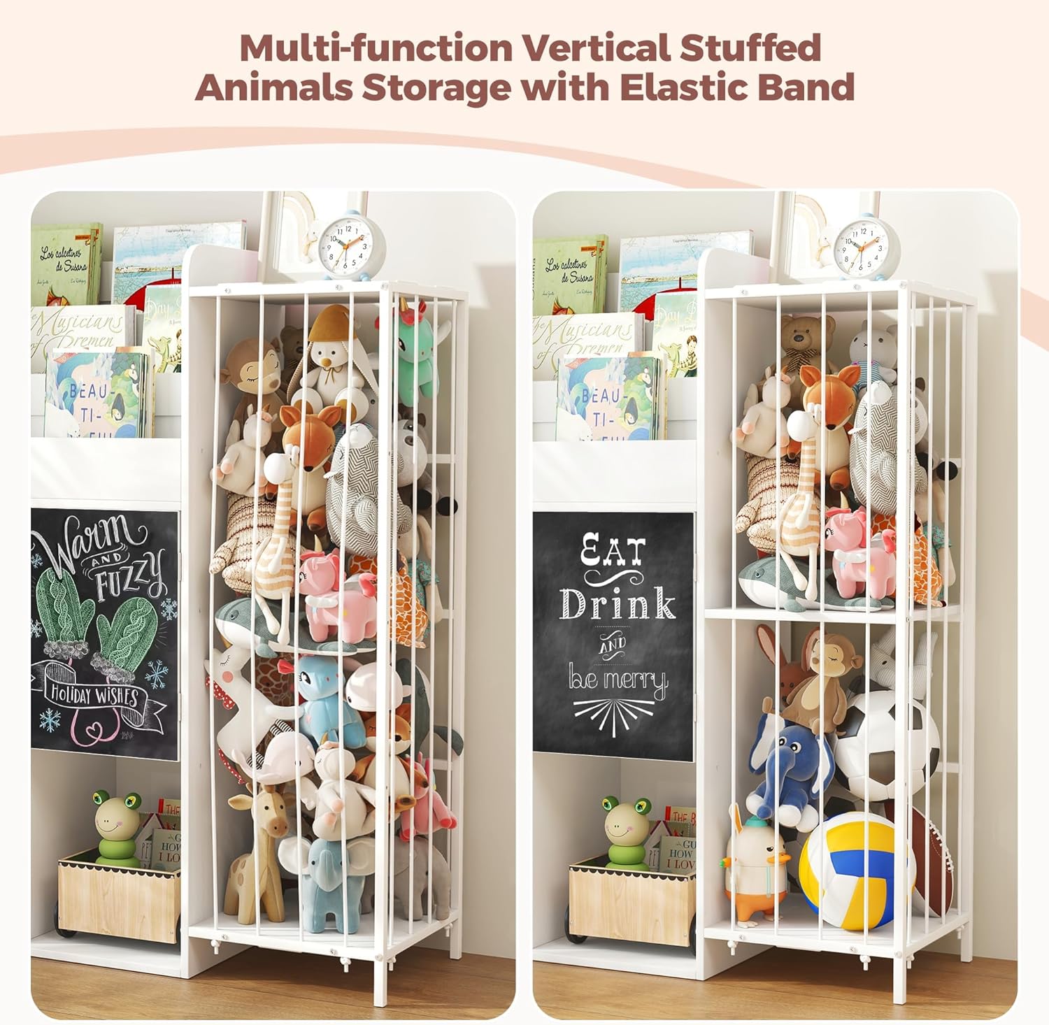 Wooden Bookshelf with Toy Storage Organizer White Storage Cubbies Chalkboards, 4 in 1 Tall Bookshelf for Kids with Stuffed Animal Net for Rooms Bedroom Playroom