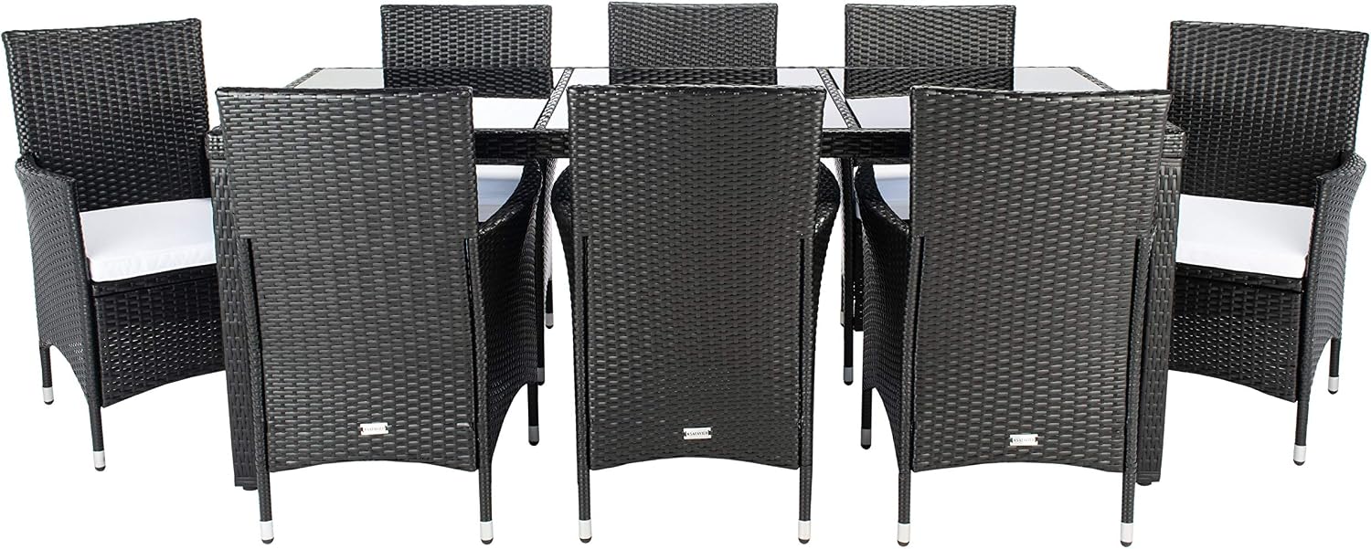 SAFAVIEH Outdoor - Hailee 9-Piece Dining Set - Black & White Faux Wicker & Steel Frame - Eight Chairs and Glass-Top Table - Ideal for Patio, Deck, Porch, Backyard (PAT7704A)