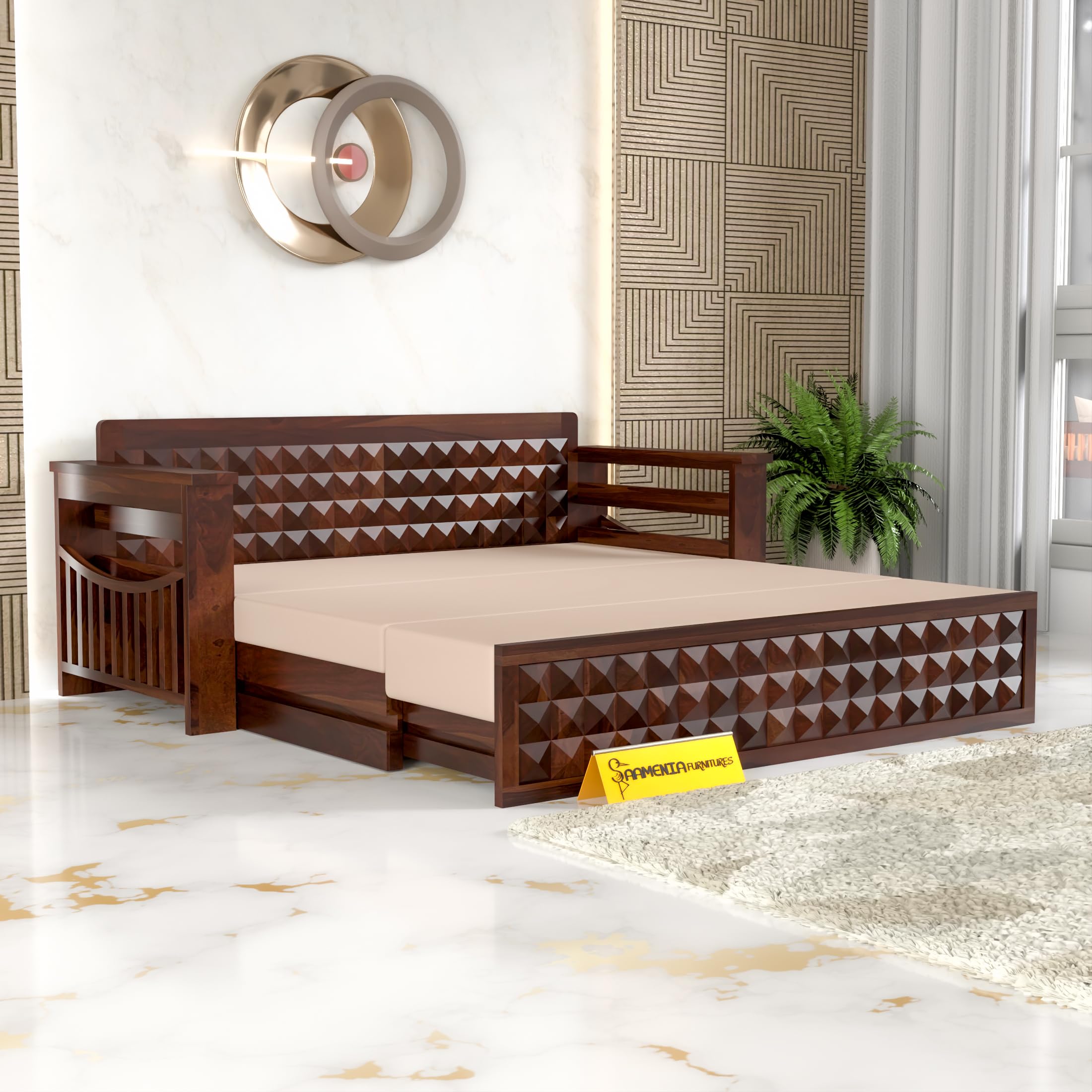 KINGS HOME FURNITURE Solid Sheesham Wood Sofa Cums Bed with Mattress & Storage | Rosewood Convertible Sofa Bed for Living Room & Bedroom (C-Walnut Finish (Beige), 3 Seater)
