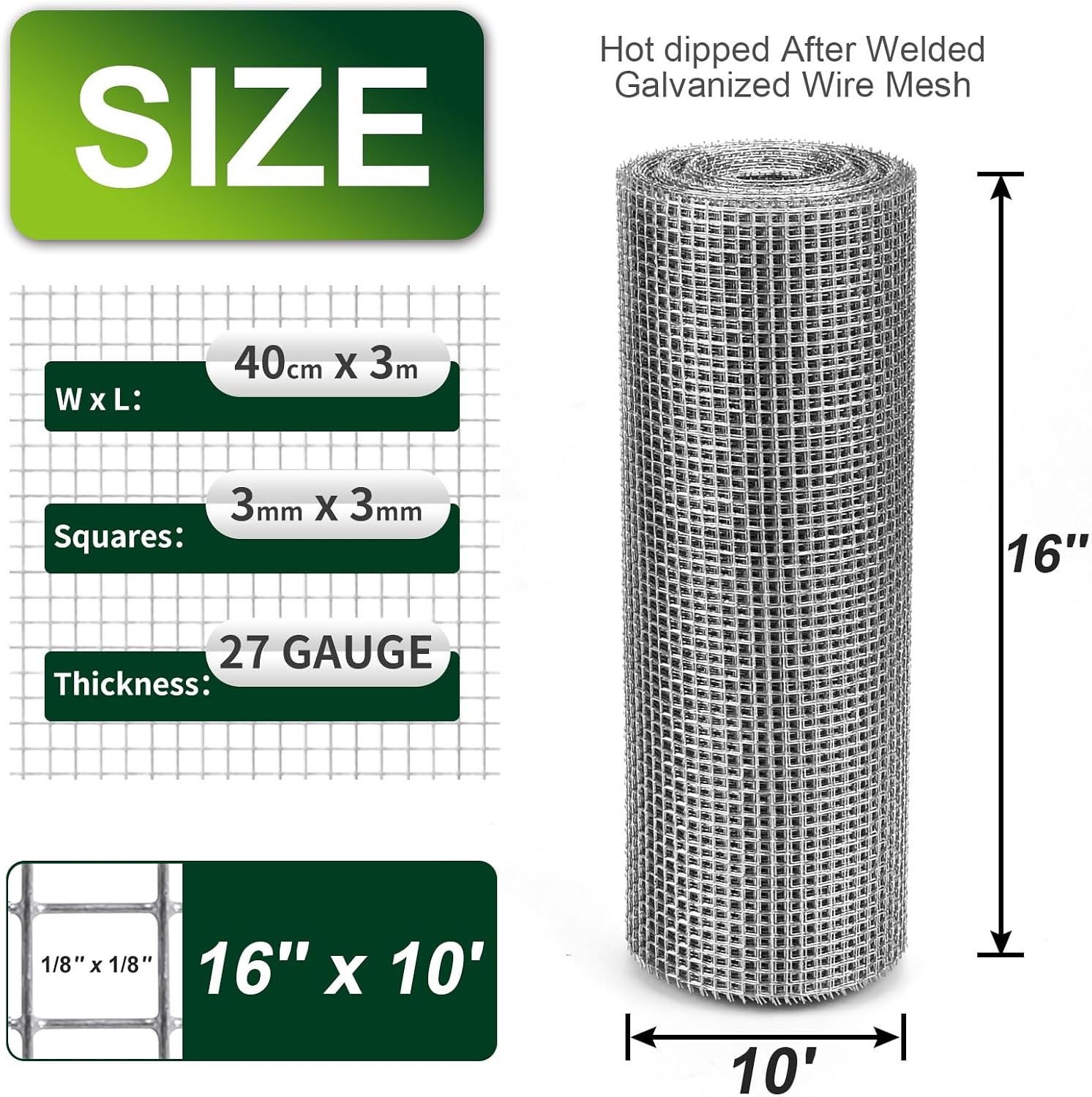 1/8 Inch Hardware Cloth 16'' x 10' 27 Gauge Hot Dip Galvanized Welded Wire Mesh for Chicken House/Coop Fencing, Animal Cage Netting, Bee Swarm Protection Netting and Poultry Enclosures