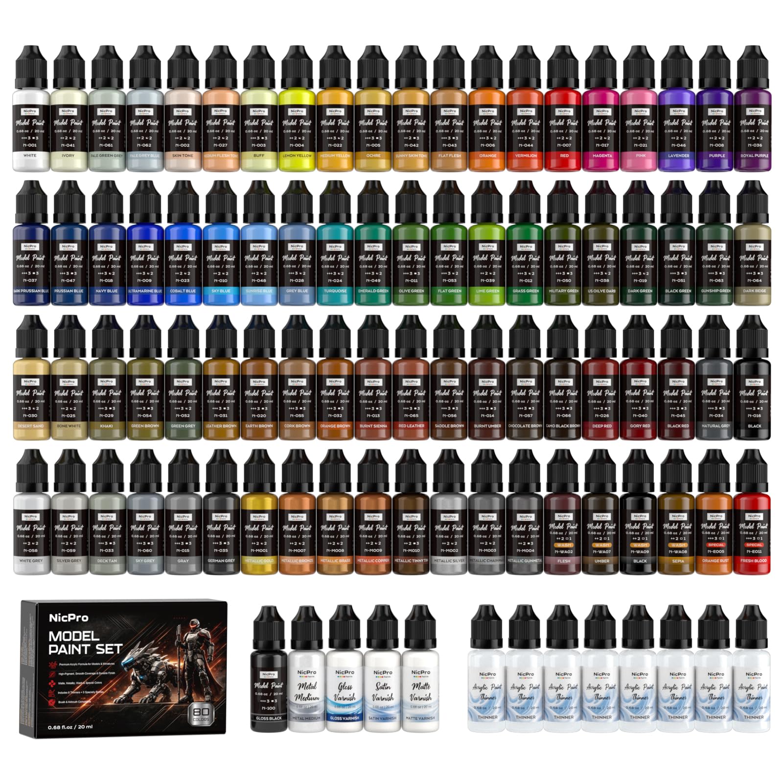 Nicpro 80 Colors Model Paint Set with 8 Thinners &amp; 5 Specialty Bottles