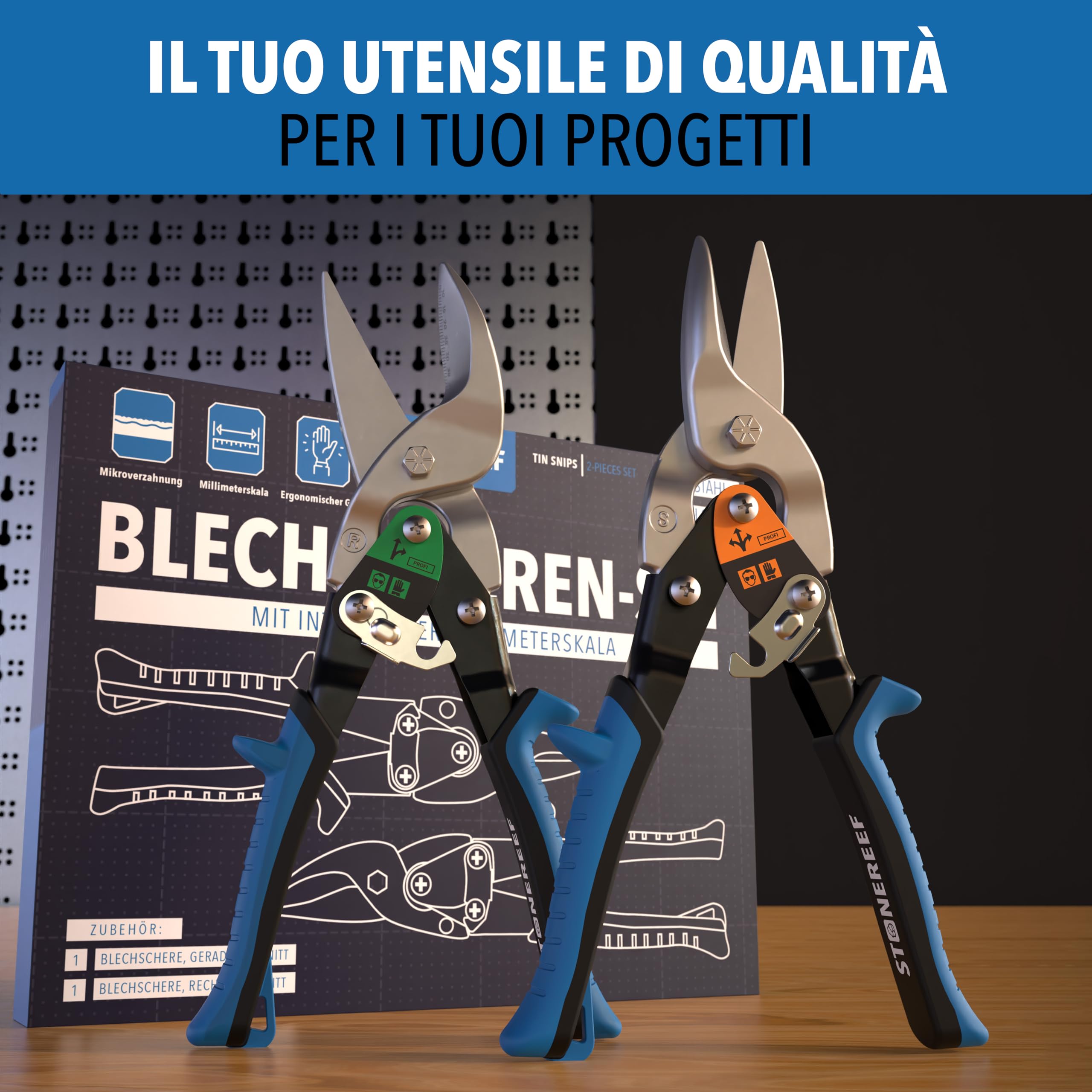 Set di cesoie per lamiera con taglio dritto e destro - [scala interna in millimetri] - Cesoie metalliche per cartongesso, lamiera ondulata, metallo, cesoie per filo per reti metalliche, cesoie per
