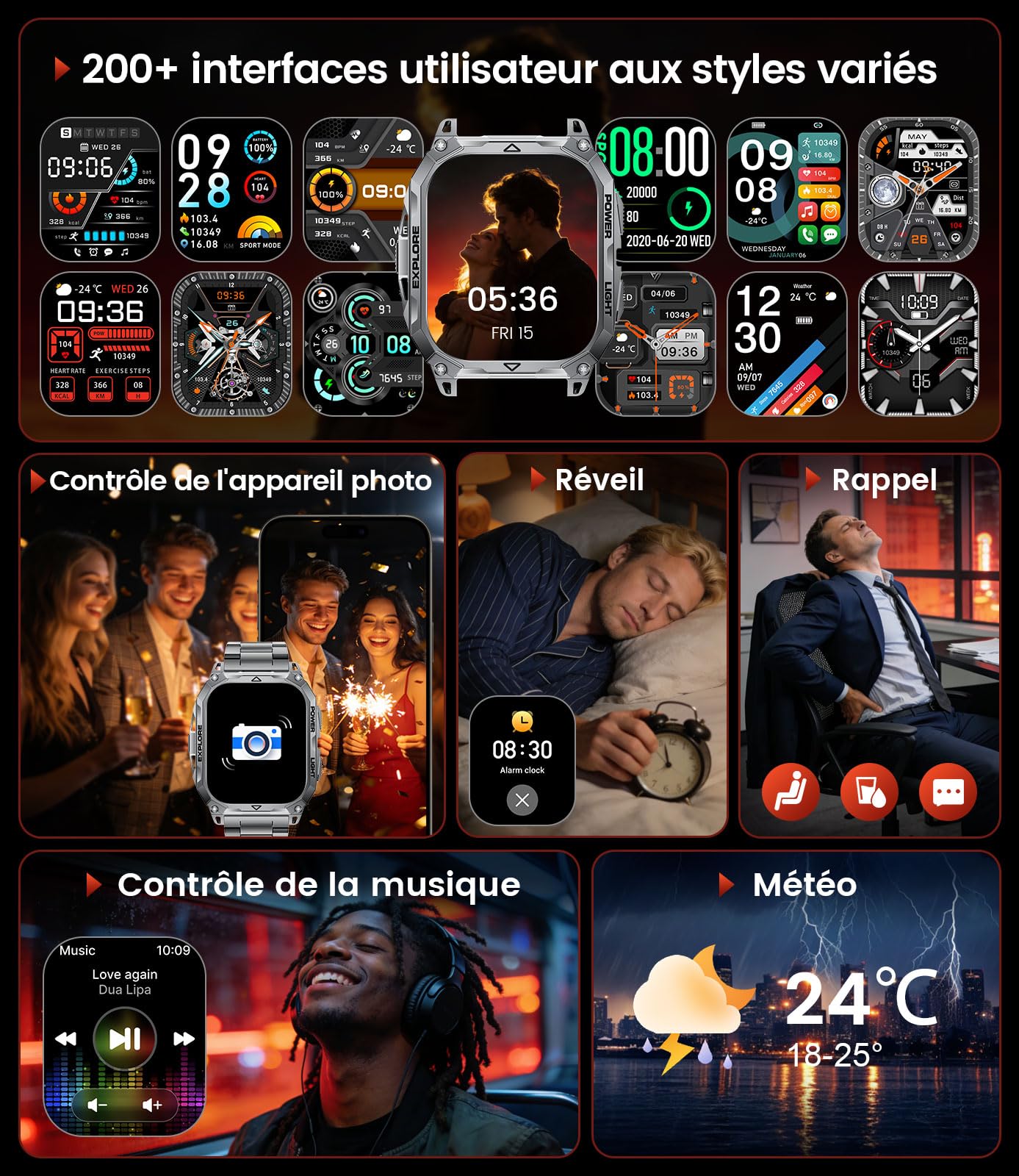 Montre Connectée Homme 1000mAh 2.01" IP68 Militaire Sport 24/7 Santé | Grand écran autonomie extrêmement longue surveillance de la santé plus de 110 modes sportifs cadrans personnalisables