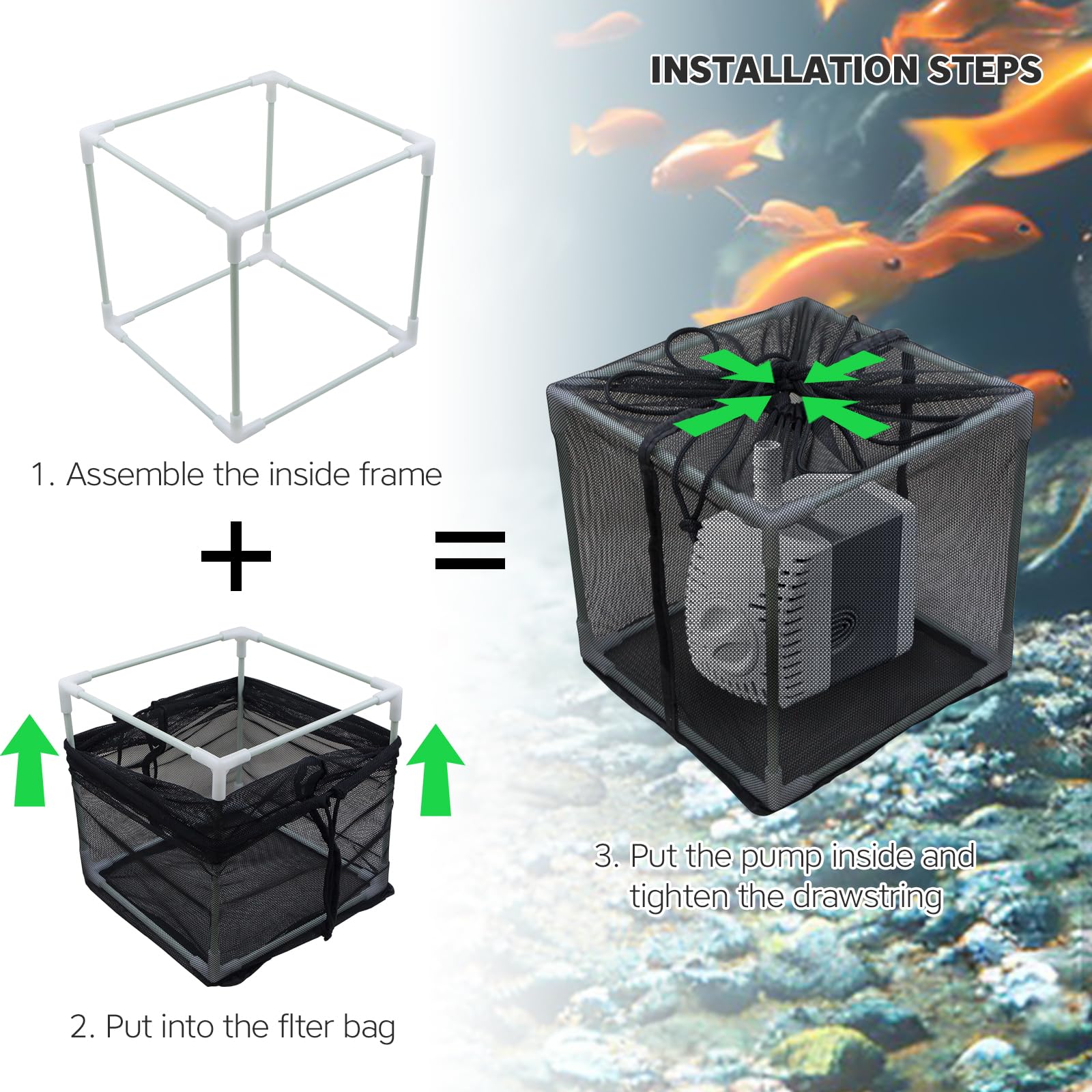 Sacchetto filtro per pompa per laghetto – Scatola a cubo anti-intasamento con cinghie regolabili, grande borsa a pompa per filtri per laghetti d'acqua all'aperto (25,4 cm x 2 pezzi)