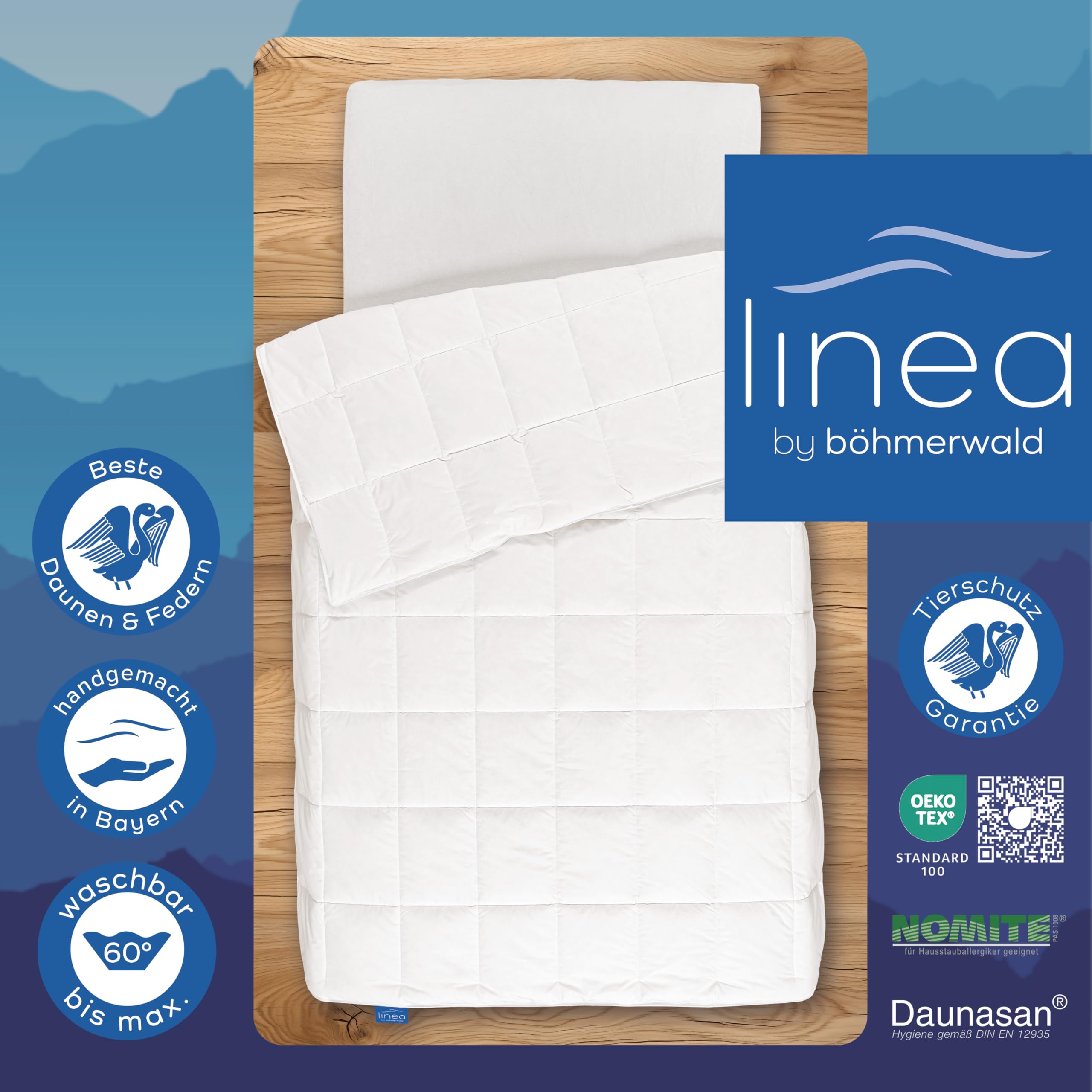 Böhmerwald Komfort Dauneneinziehdecke, allergikergeeignet, 90% Daunen / 10% Federn, Füllgewicht: 380gr., Wärmeklasse: leicht, OEKO-TEX ® STANDARD 100, 155 x 220 cm, Weiß
