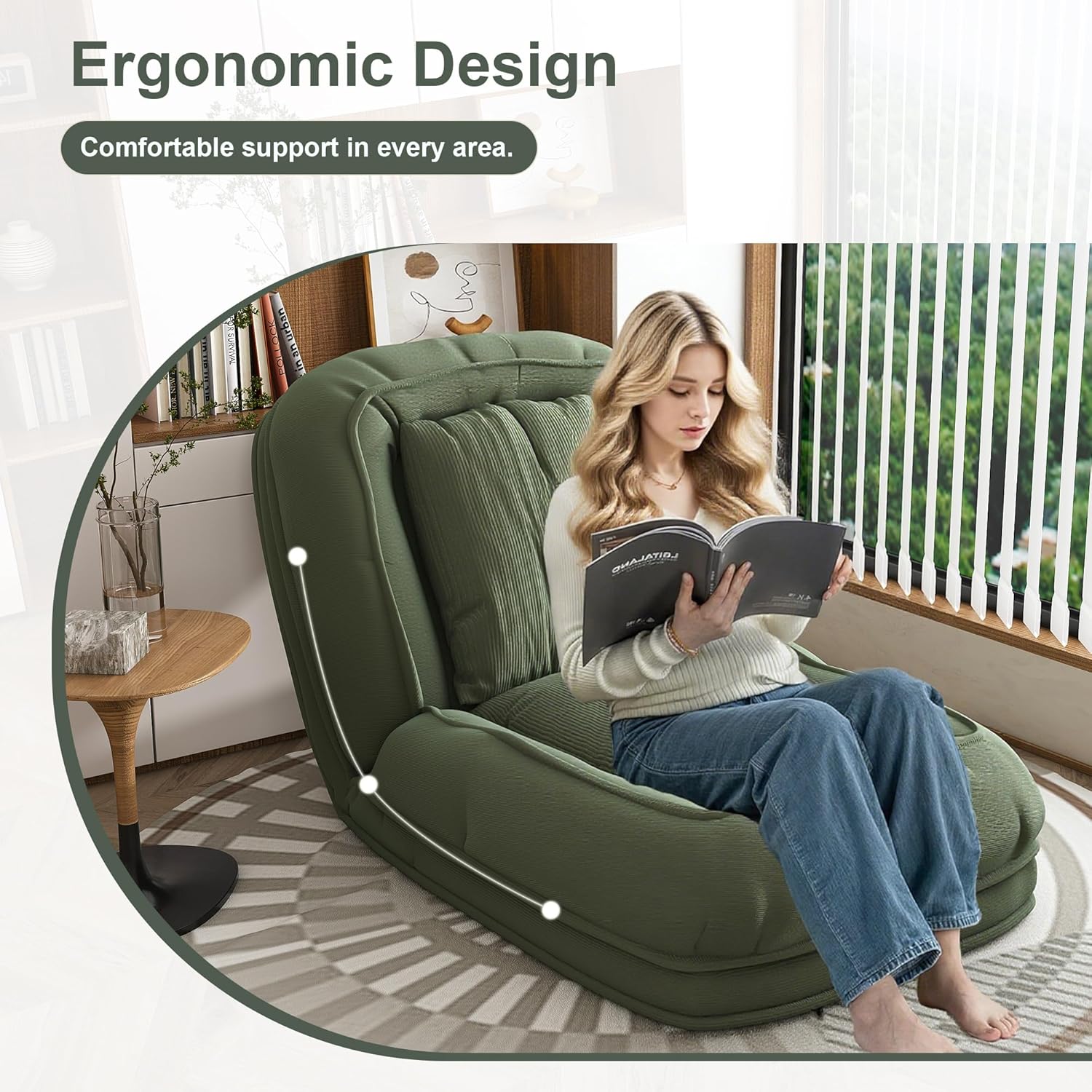 Upholstered Human Dog Bed Foldable Lazy Sofa Bed with 5 Adjustable Position for Adults and Pets, Includes 2 Soft Pillows for Bedroom, Living Room (Green)