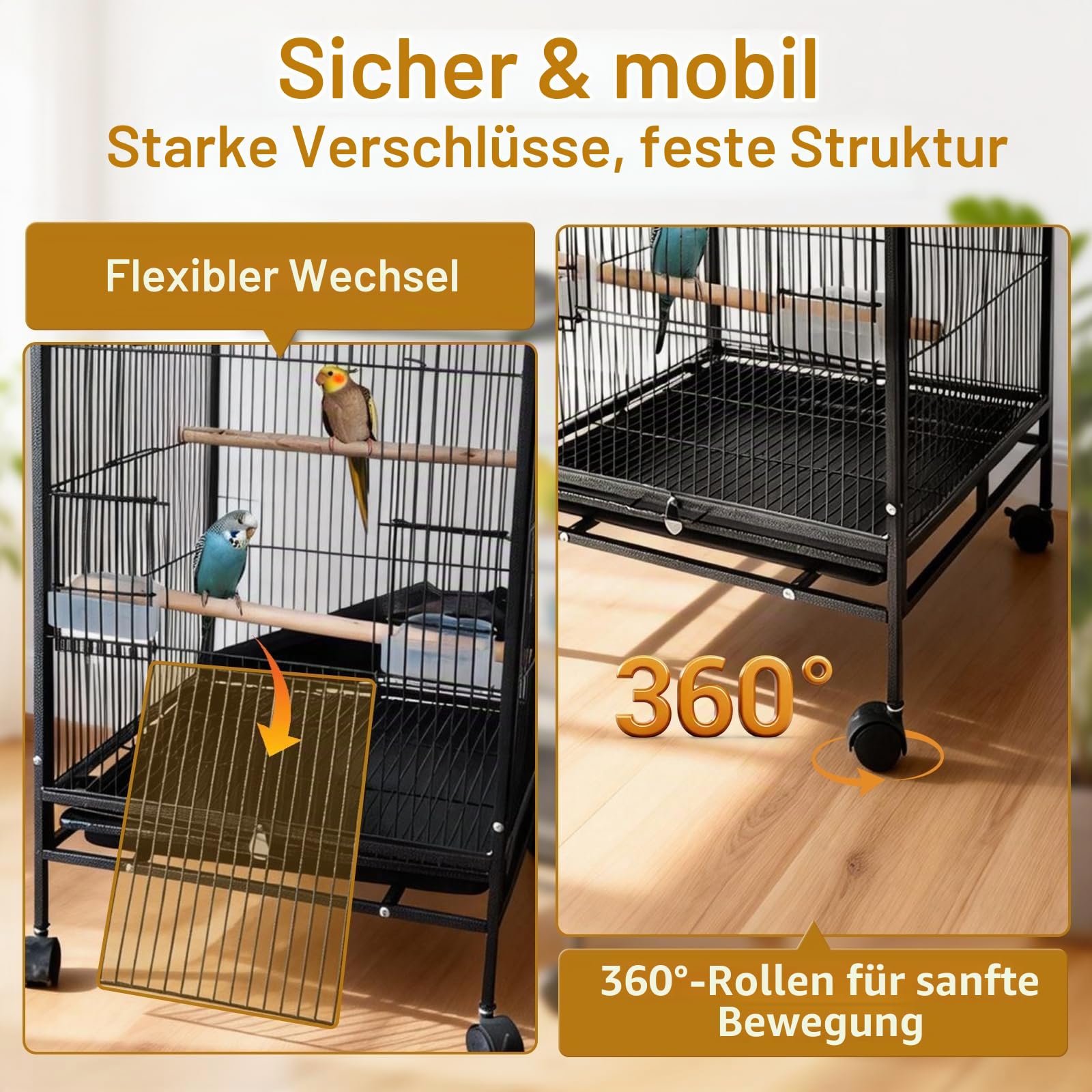 GarveeHome Vogelvoliere Großer Vogelkäfig Mit Rollen, Vogelhaus Mit Holzstangen Und Herausnehmbares Tablett Metall Vogelbauer Käfig Vogel Für Finken Kanarienvögel Wellensittiche, 45x45x84cm