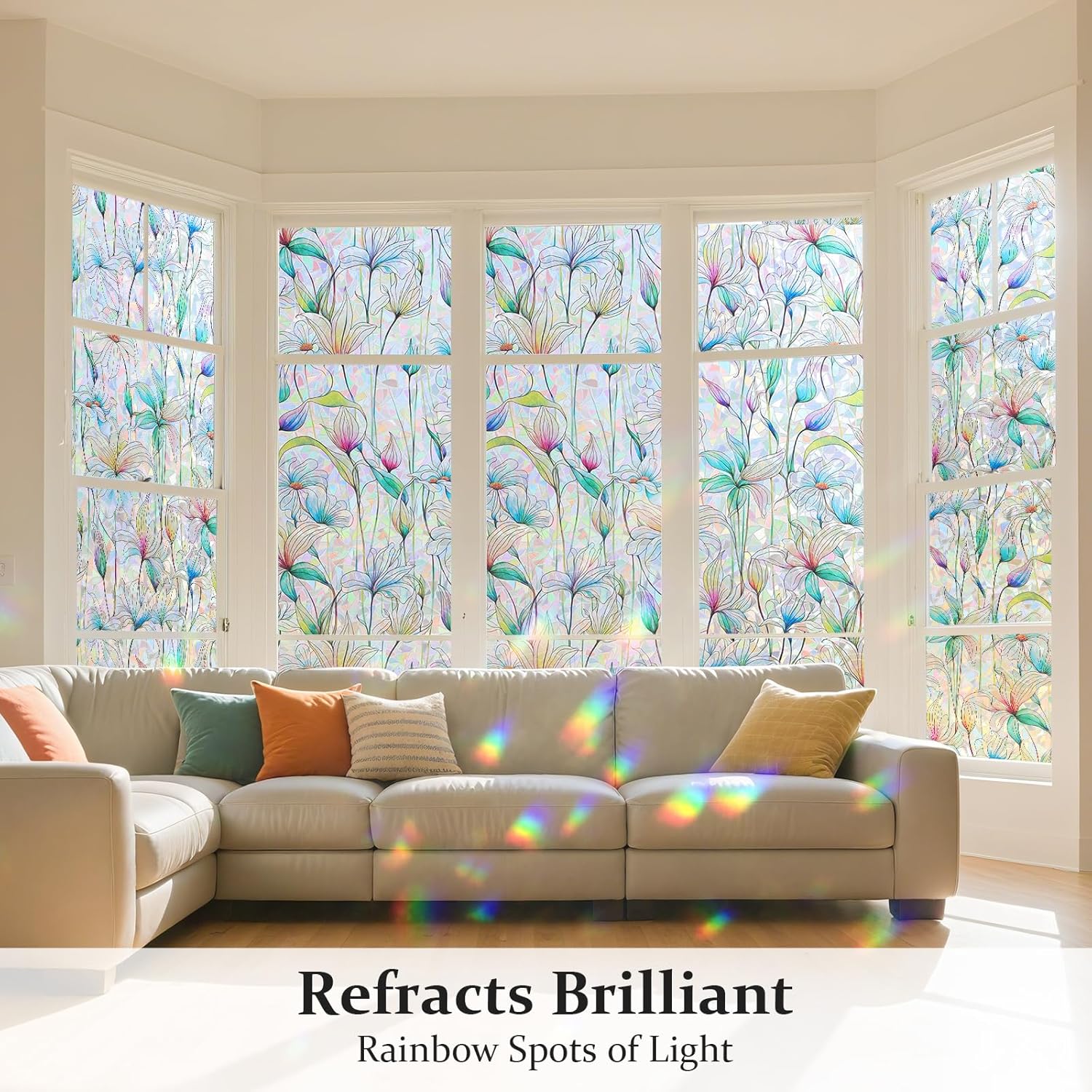 Donox Decorative Window Privacy Film, 3D Floral Stained Glass Window Film Static Cling Rainbow Privacy Sticker for Glass Door Heat Control Anti UV, No Adhesive (Magnolia,35.4 x 157.4 inches)
