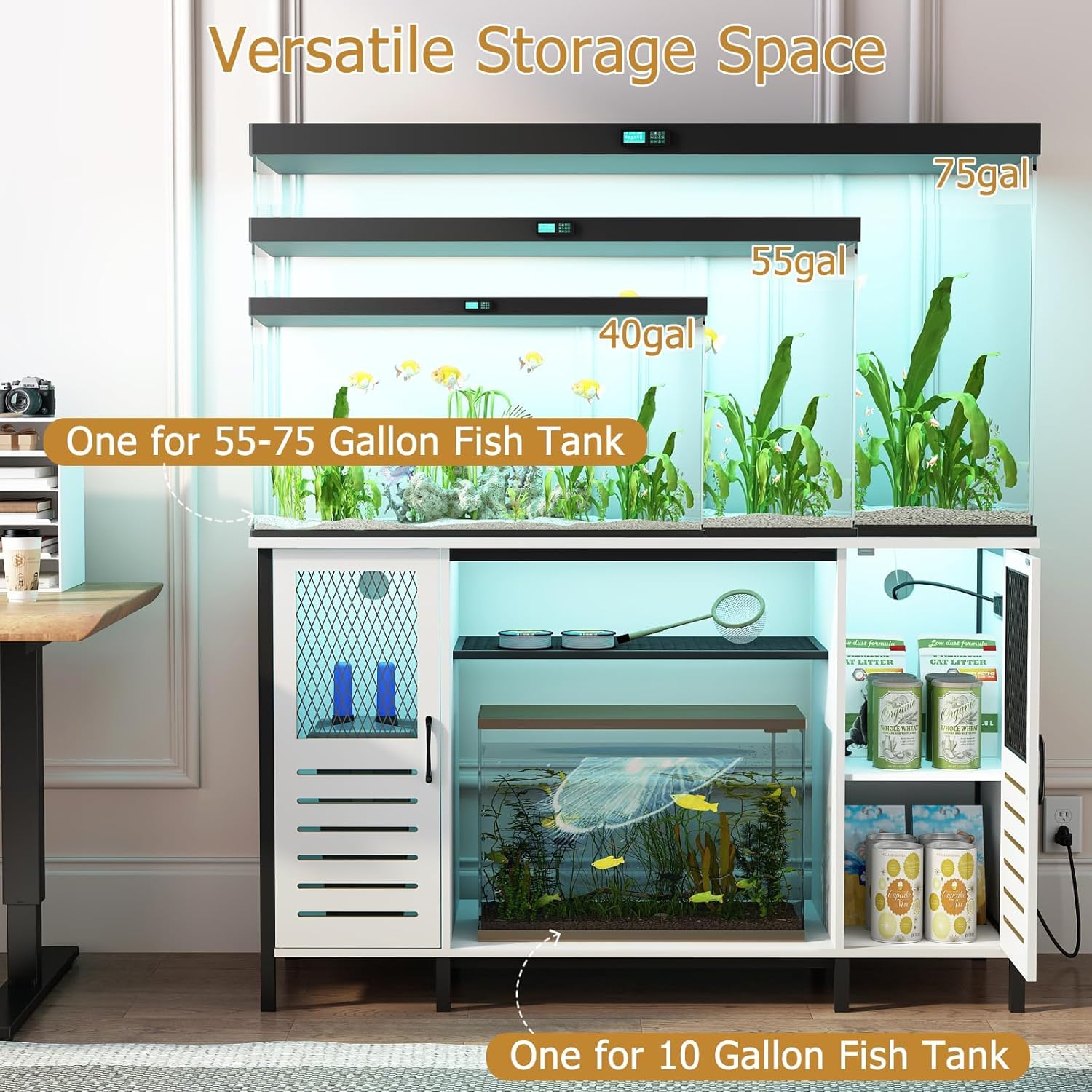 BREEZEHEAT 55-75 Gallon Fish Tank Stand with Power Outlets, LED Light, Adjustable Shelves, Heavy Duty Aquarium Stand with Cabinet, Terrarium stand Suitable for Turtle & Reptile Tank, 1250LBS, White