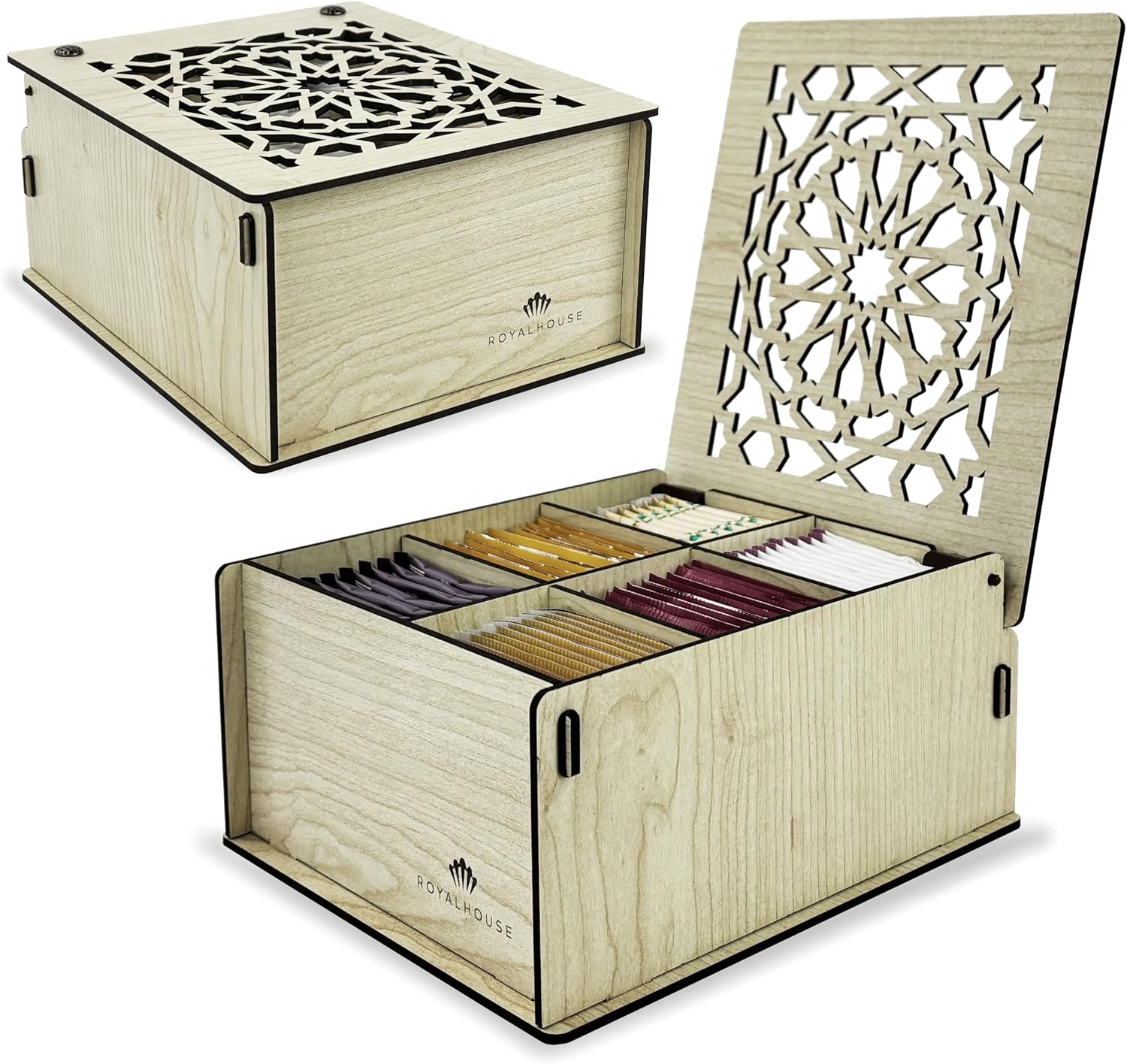 RoyalHouse Premium Wood Tea Storage Box Organizer, Tea Bag Holder Containers (White), Multi-Functional Decorative Box, 6 Compartments For Assorted Variety Of Small Items