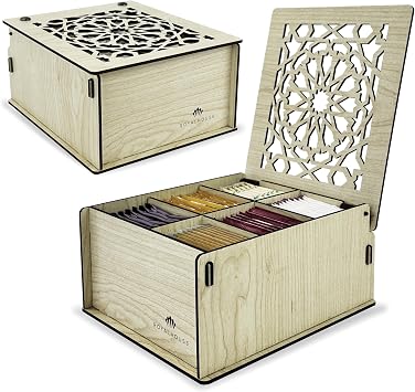 RoyalHouse Premium Wood Tea Storage Box Organizer, Tea Bag Holder Containers White, Multi-Functional Decorative Box, 6 Compartments For Assorted Variety Of Small Items