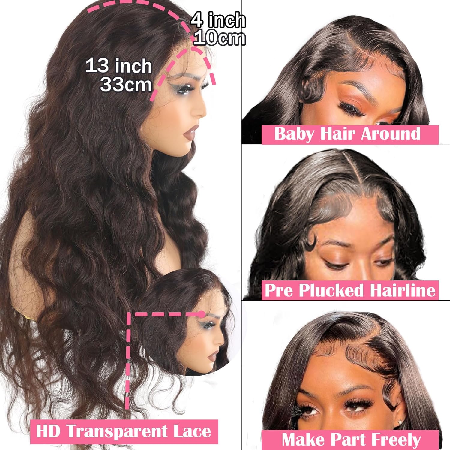 28 Inch Body Wave Lace Front Wigs Human Hair Pre Plucked HD 13x4 Glueless Lace Frontal Wig with Baby Hair for Black Women Heat Resistant 180% Density Natural Remy Hair Rich Dark Brown #2
