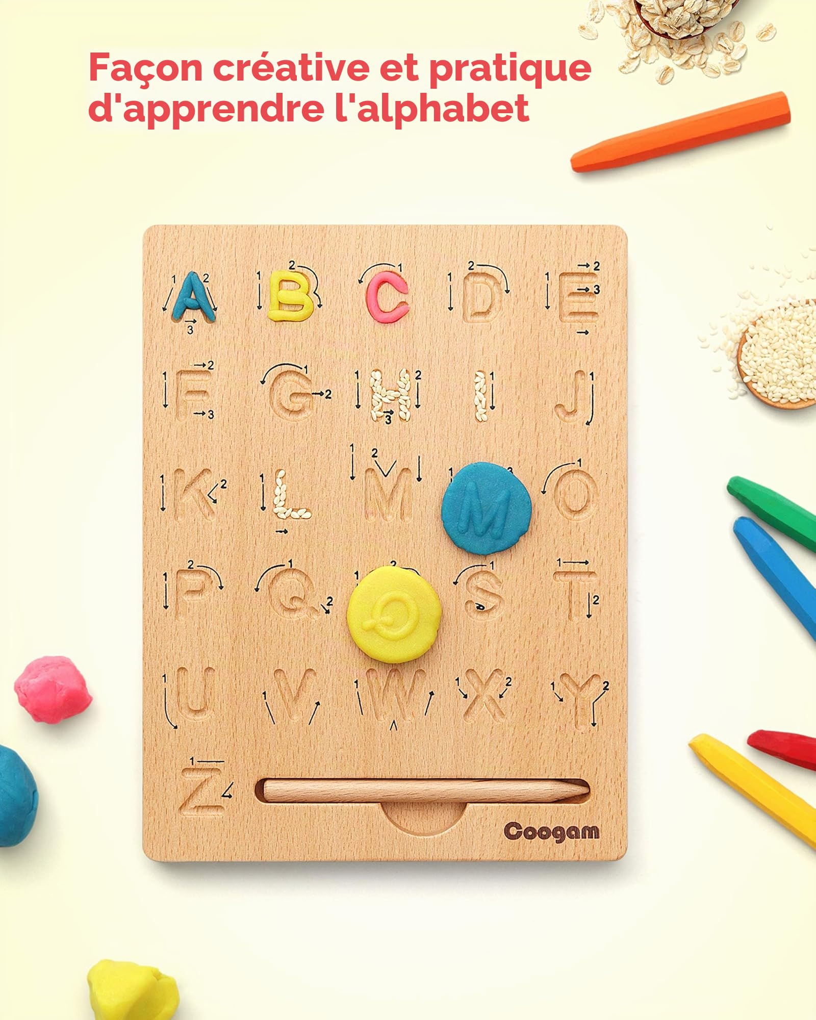 Coogam Planche de traçage de Lettre en Bois Double Face, Alphabet 123 Chiffres Cognition Montessori Apprentissage précoce STEM préscolaire Jouet Cadeau pour 3 4 5 Ans Enfants
