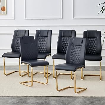 Modern Dining Chairs Set of 6 Upholstered Black Dining Room Chairs with Faux Leather Padded Seat & Golden Metal Legs, Comfy Chairs for Dining Room, Kitchen, Living Room