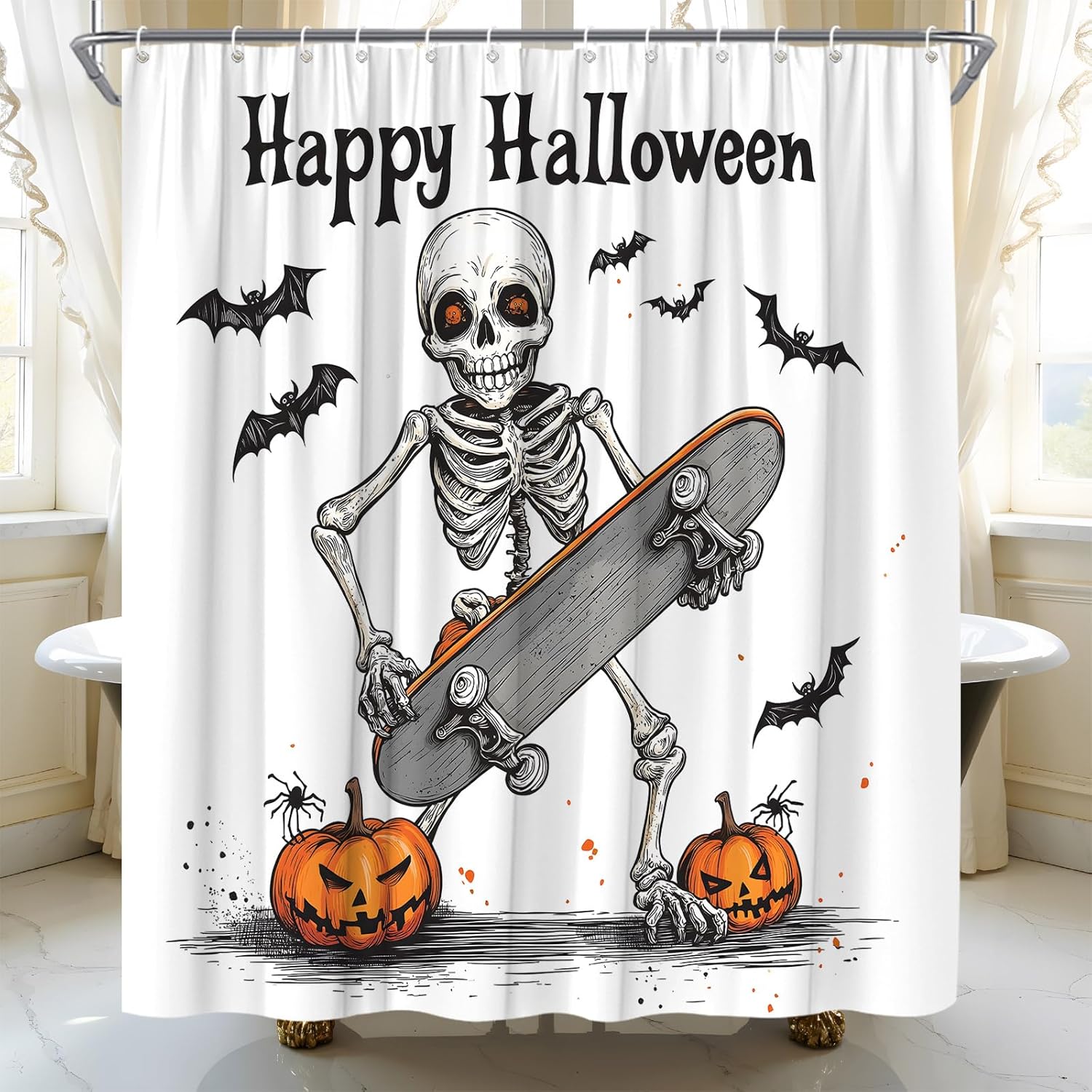 Spooky Halloween Shower Curtain Funny Skull Bat Pumpkin Holiday Ambience Trick or Treat Home Fabric Bathroom Decor Set Include Hooks,(70" Wx74.8 H)