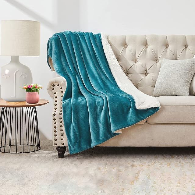My Home Store Sherpa Fleece Blanket Double Size - Thick Double Sided Flannel Soft Microfiber Fluffy Faux Fur Reversible Solid Throws, Teal,150 x 200cm
