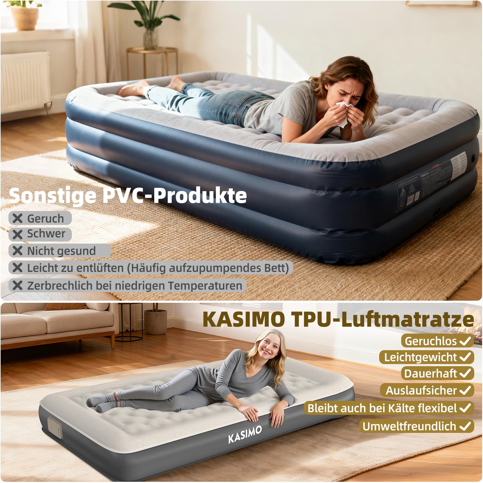 KASIMO TPU Luftmatratze selbstaufblasend 1 Person Gästebett mit integrierter Pumpe 190x90x22cm