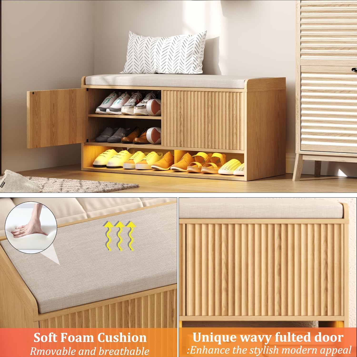 HOMEFORT 39.4" Fluted Shoe Storage Bench, Entryway Bench with Linen Seat Cushion, Shoe Cabinet Bench with Adjustable Shelf and Built-in LED Sensor Light, Bench for Bedroom End of Bed, Natural Oak