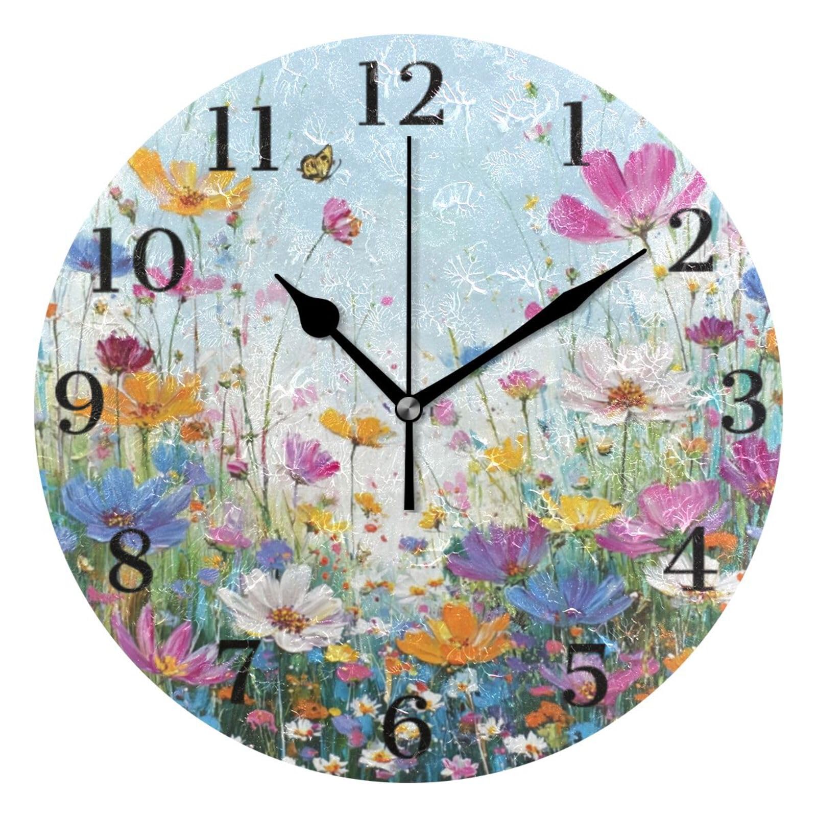 Ensound Yellow Blue Wildflower Wall Clock Silent Non-Ticking Battery Operated Clocks 12 Inch for Kitchen Home Living Room