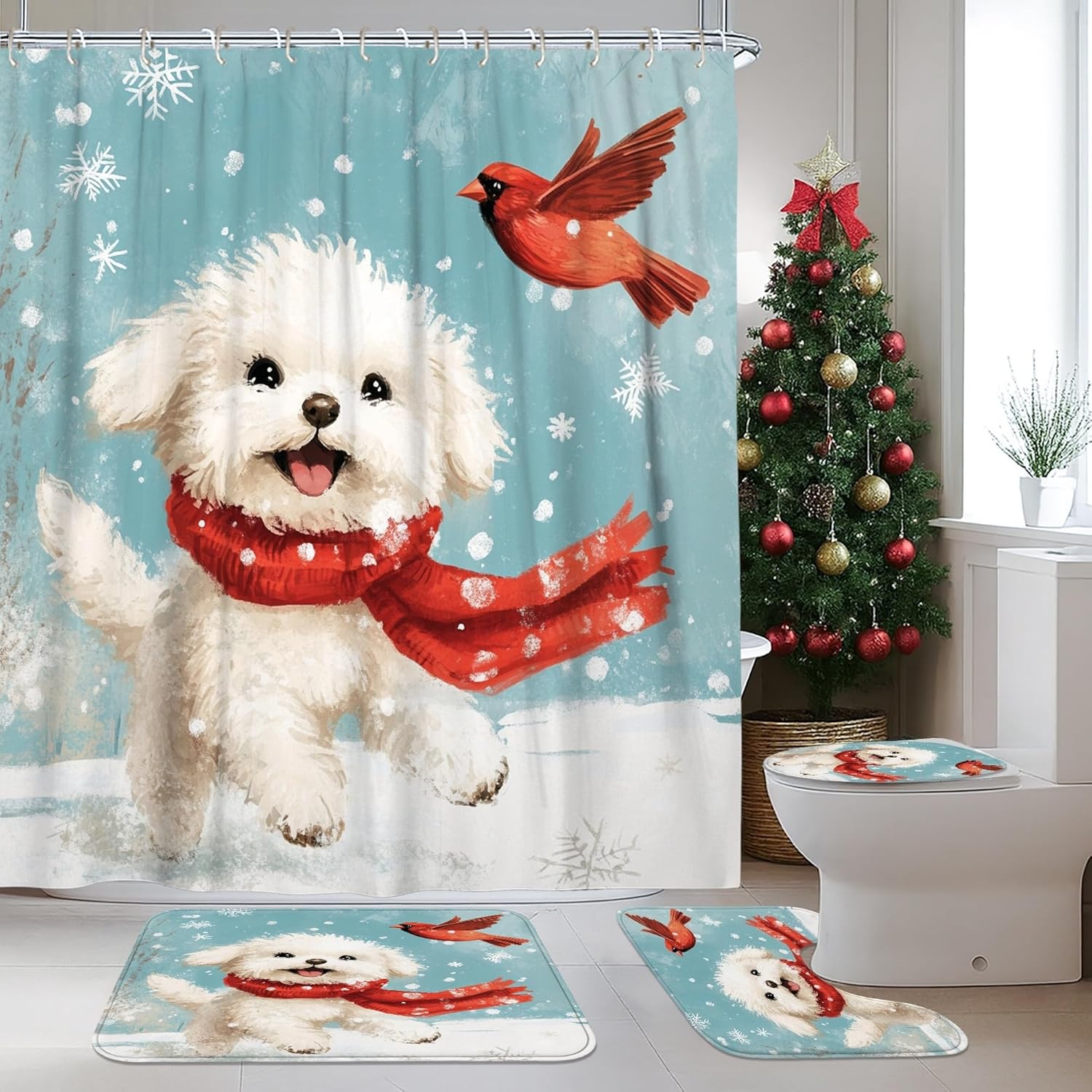 4PCS Winter Christmas Bichon Frise Dog Bathroom Accessory Sets with Non-Slip Rug, U Shape and Toilet Lid Cover Mat, Cute Kid Xmas Puppy Bathroom Decorative-72''x72''