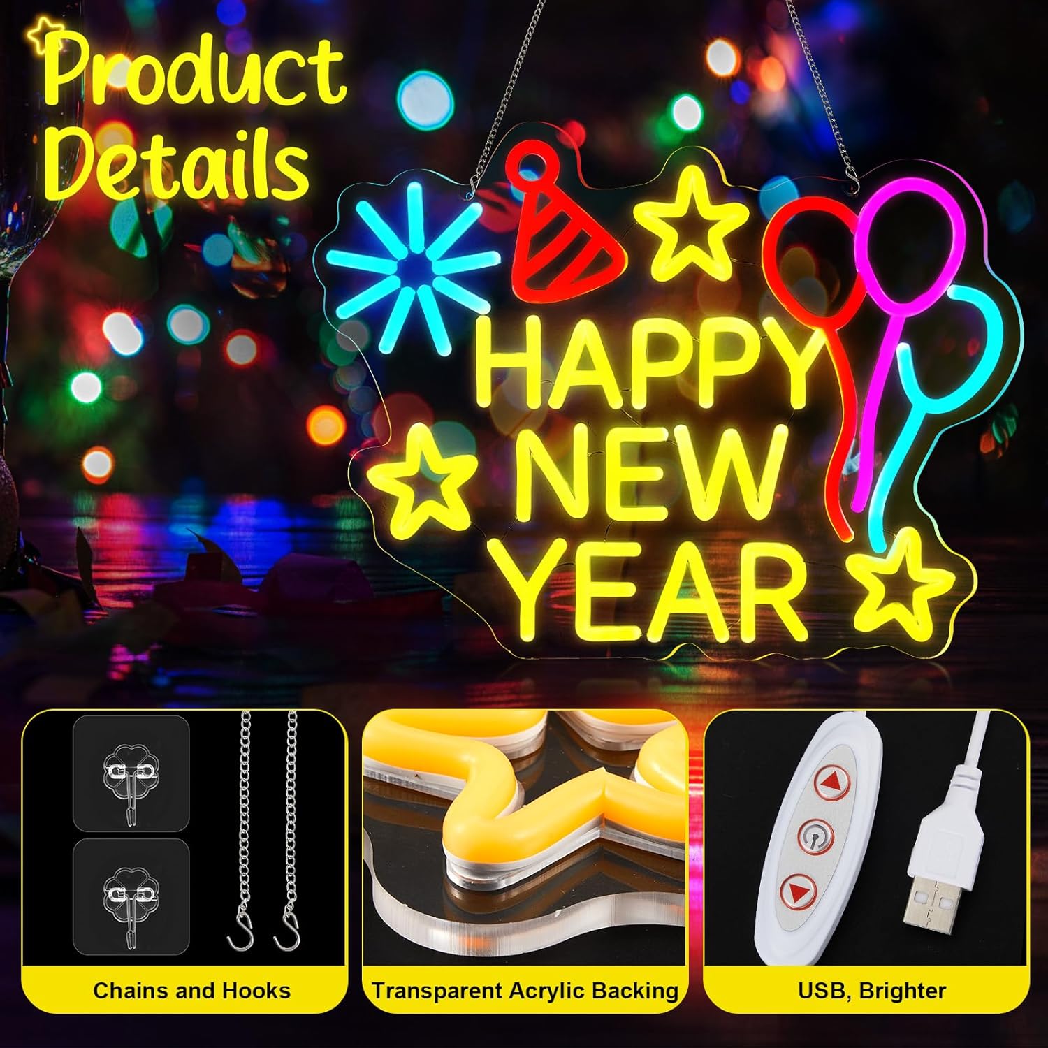 Retisee Happy New Year Neon Sign Light USB Powered LED Happy New Year Neon Sign for Bedroom Wall Decor 2026 Spring Festival Party Supplies(Balloon)
