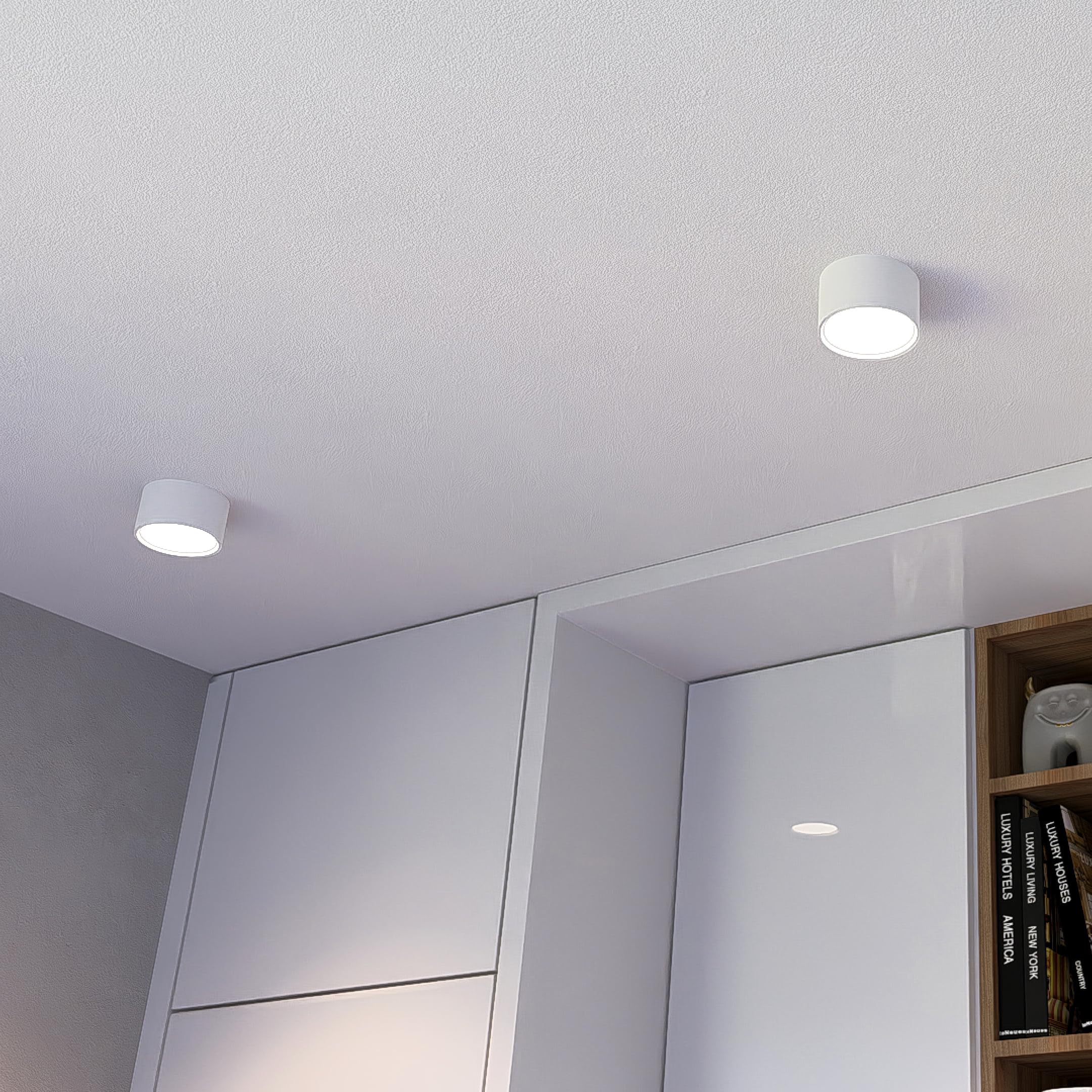 SSC-LUXon PIATO Aufbaustrahler 4er Set weiß rund 6W warmweiß Decke inkl LED | Vier flache Aufputz-Deckenspots weiß matt - warmweiß 6W, für Wohnzimmer, Flur & Büro, direkt an 230V, Ø14cm, inkl. LED