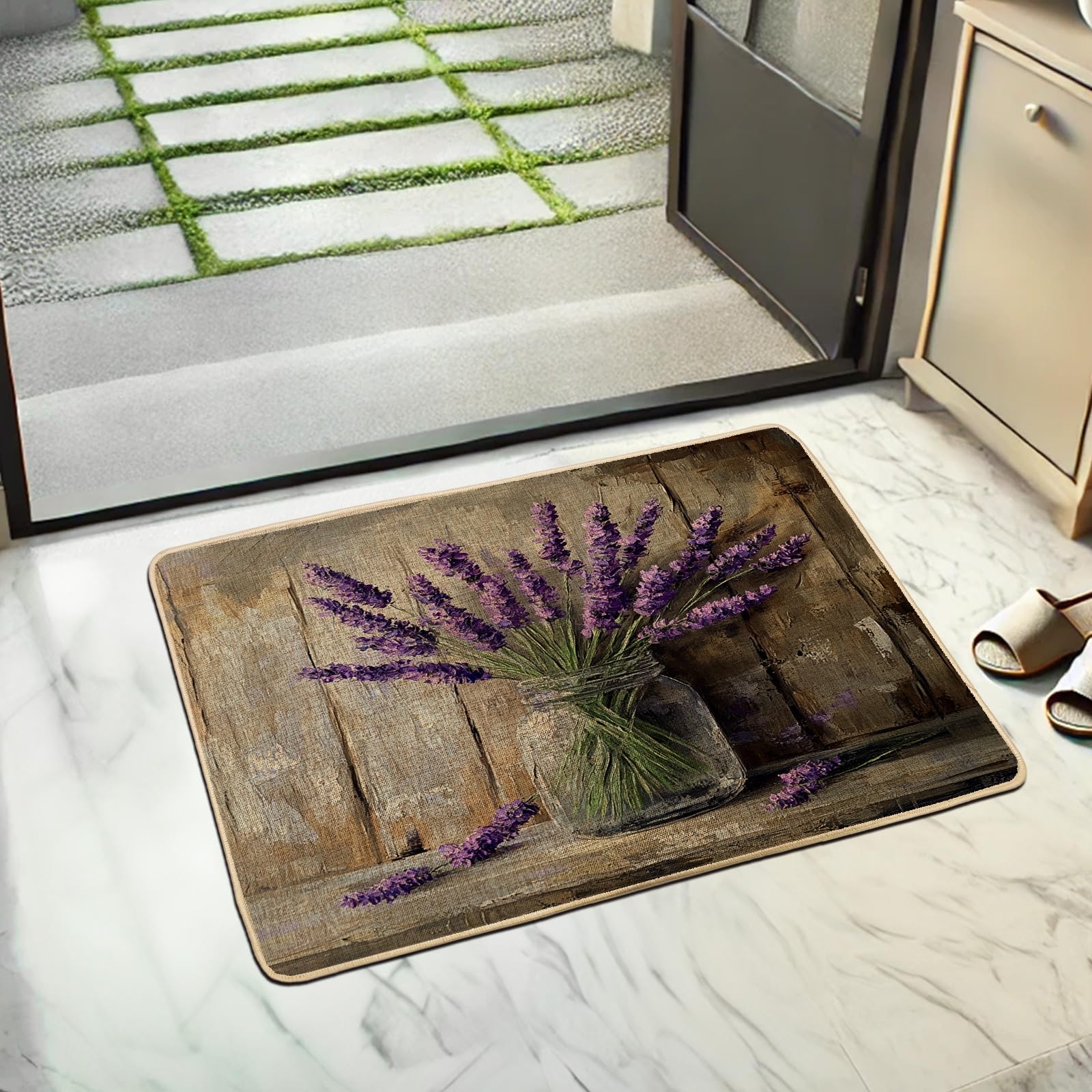 Lavender Doormat, Violet Floral Door Mat for Outdoor & Indoor Entrance Spring Decor, Rubber Waterproof Non-Slip Dust Absorbent Entry Mat, Easy Clean 29x17 Inch