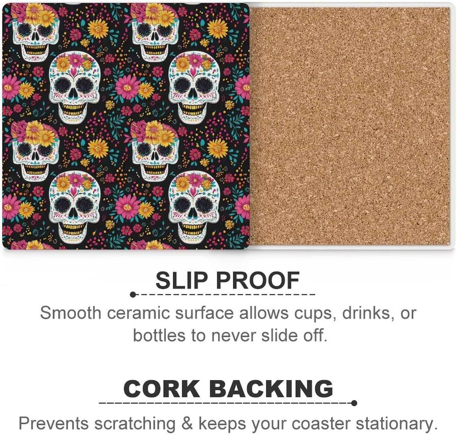 Skull Flower Coaster for Drinks Square Ceramic Table Coasters Stone Mat Crafts 6PCS Home Kitchen Decor