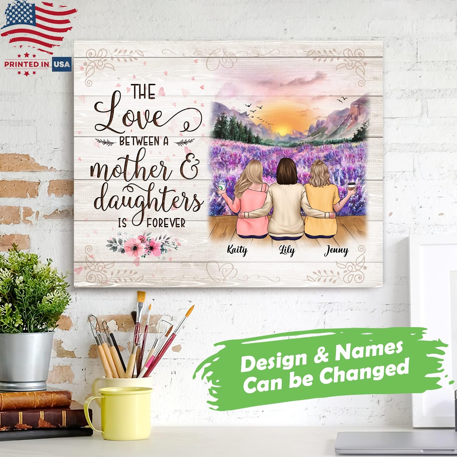GOSSBY Personalized Custom Canvas (Mother and 2 Daughters) The Love Between a Mother And Daughters is Forever Gifts for Mom, Hangable Canvas Poem Prints Framed Poster Wall Art for Mom from Daughter, M