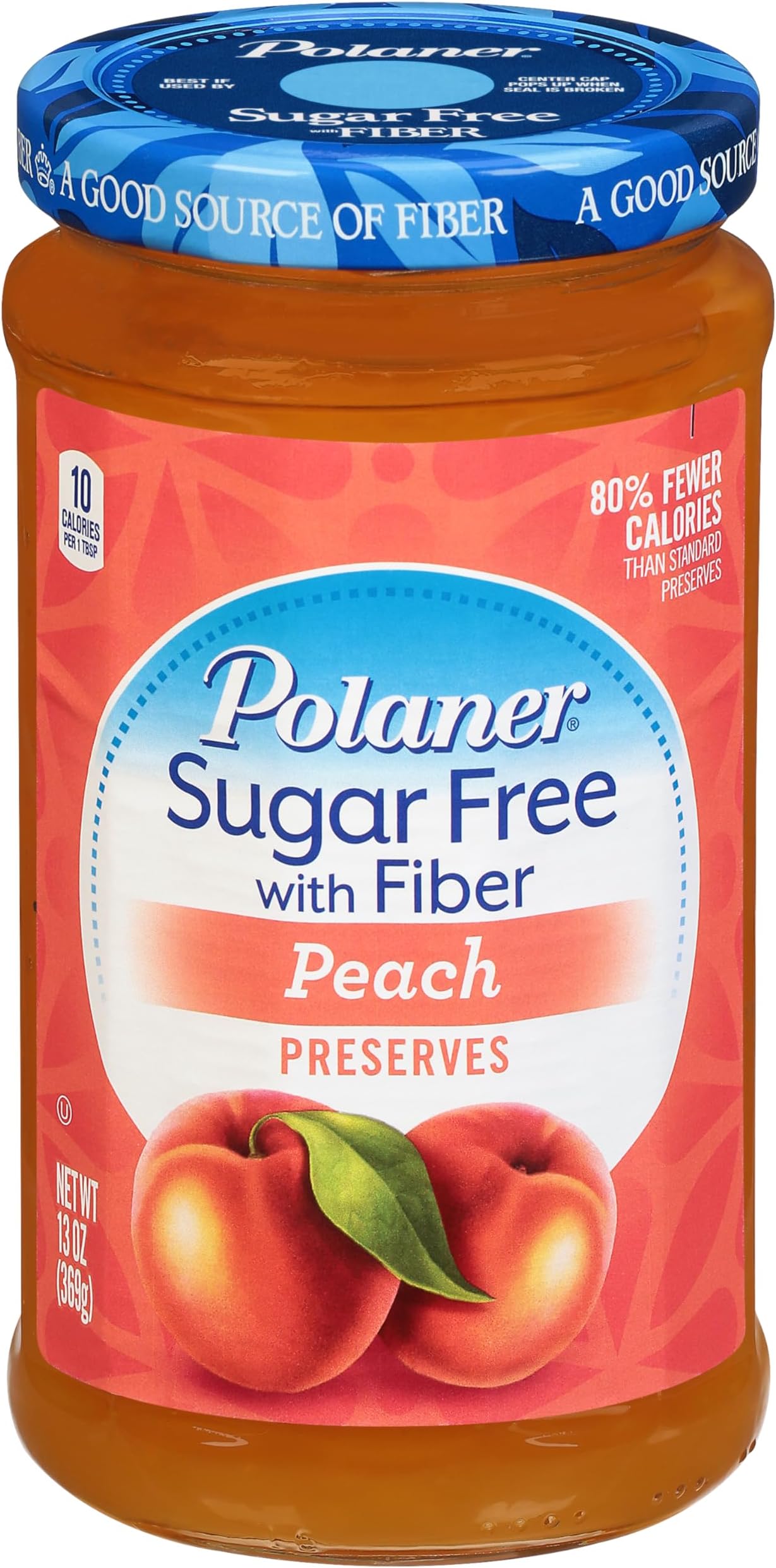 Polaner Sugar Free with Fiber, Peach Jam, 13 Ounce