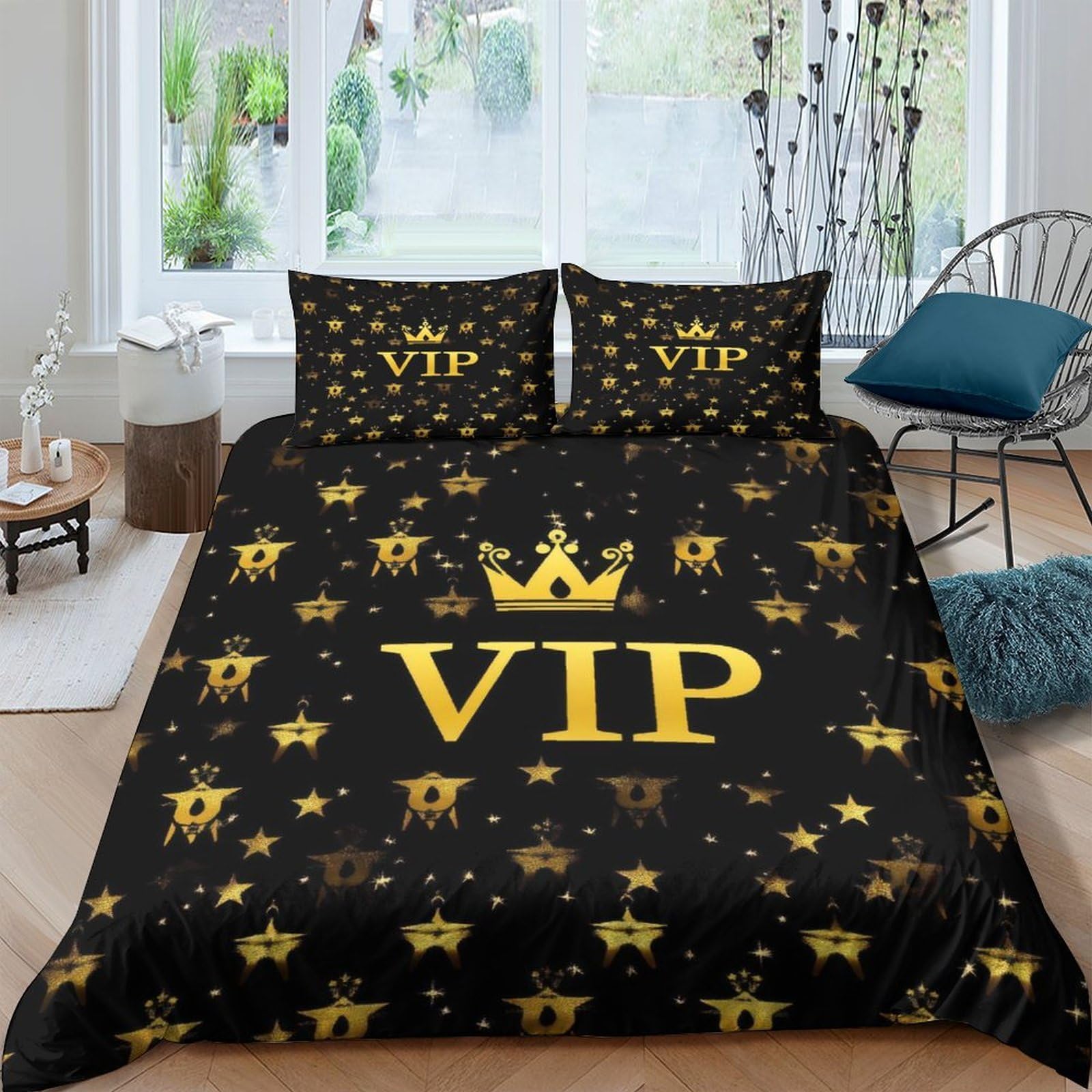 Ctjqhvkz Style-8 3D Printed Black Gold Crown Vip Fitted Sheet Microfiber Soft Anti-Slip Star Bed Cover For Bedroom Guest Room Decor Single（135X200cm）